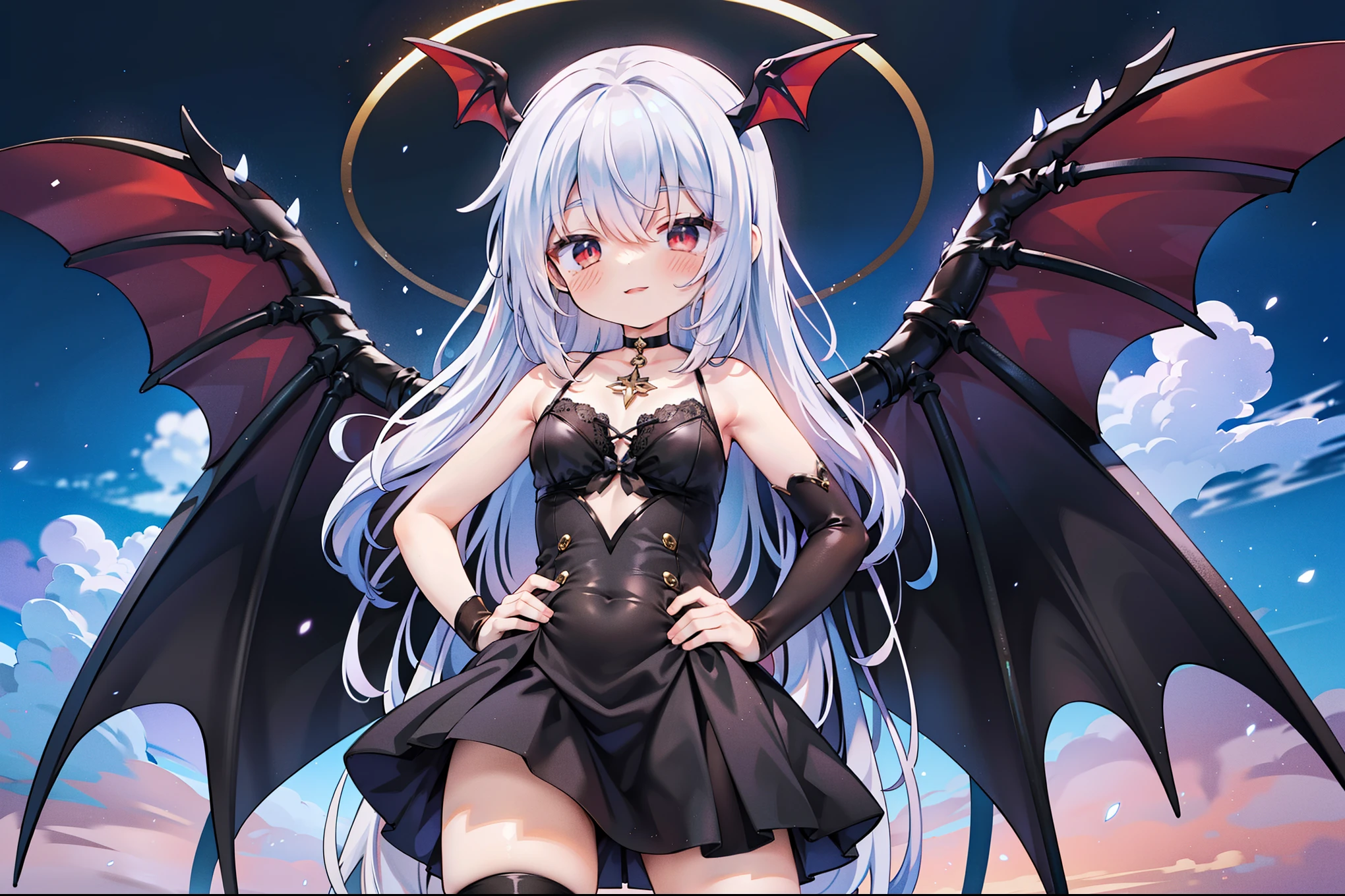 Young girl, small, flat, flatchest, flatchested, l0li, demon girl, black feathered wings, glowing red eyes, horns, tail, black sunsress, no panties, upskirt, wind blowing upskirt, no underwear on