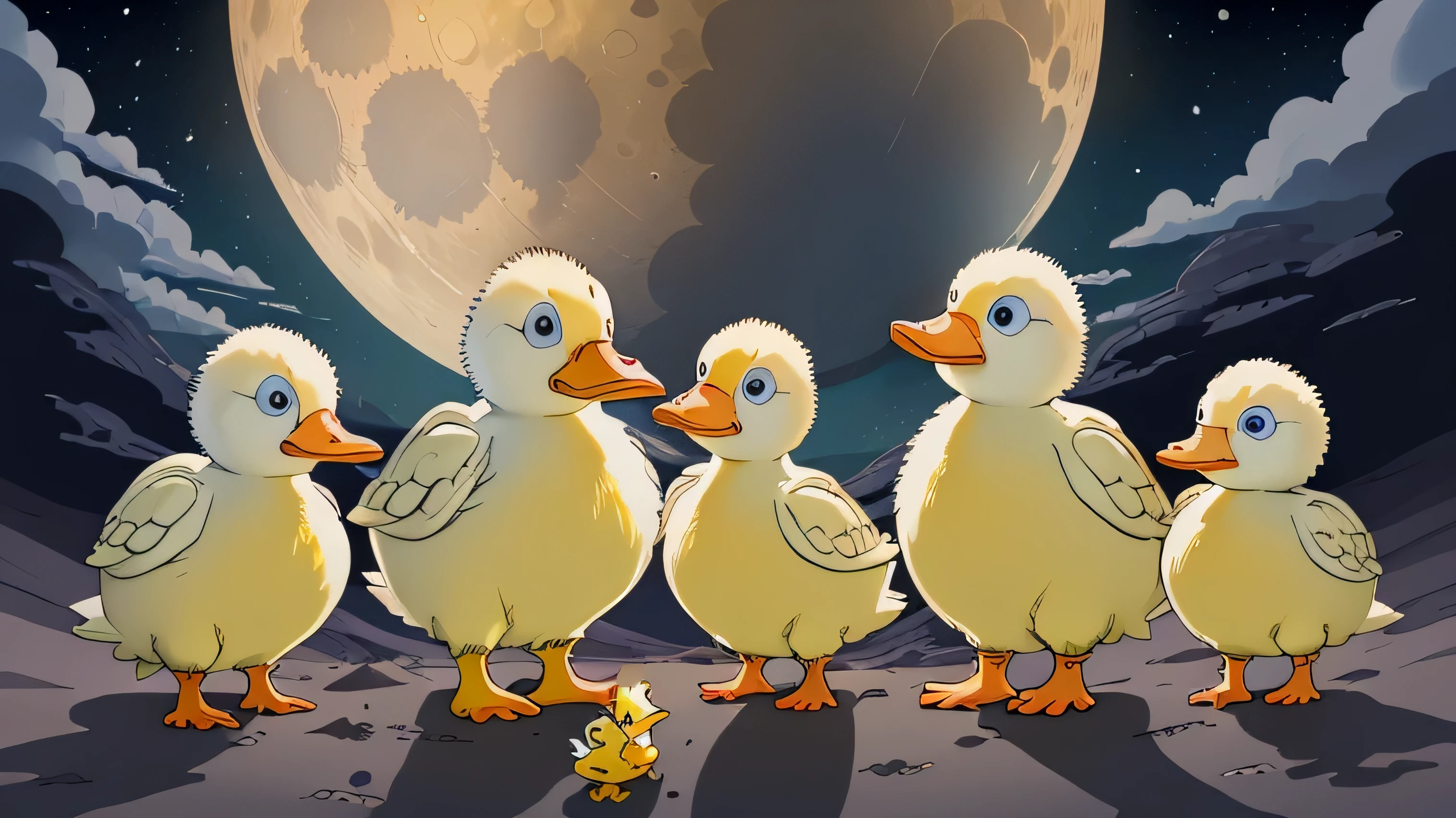 a bunch of yellow baby ducks on the moon