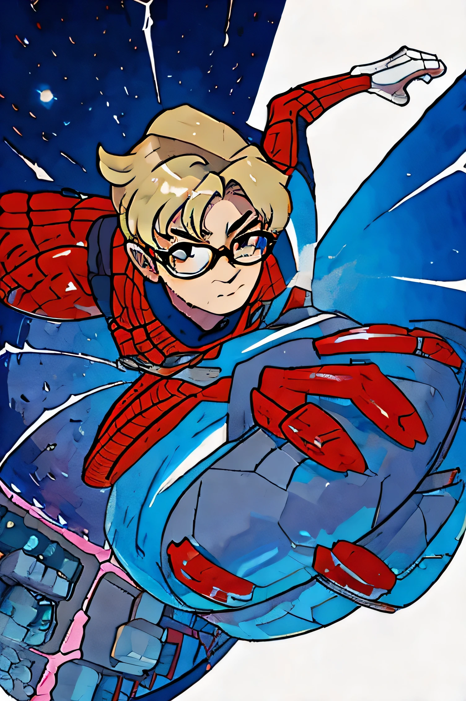 Blond spider man with glasses, cabelo curto, anime, desenho, upside down, anime, desenho, masculino, homem aranha, soltando teia, pose, building