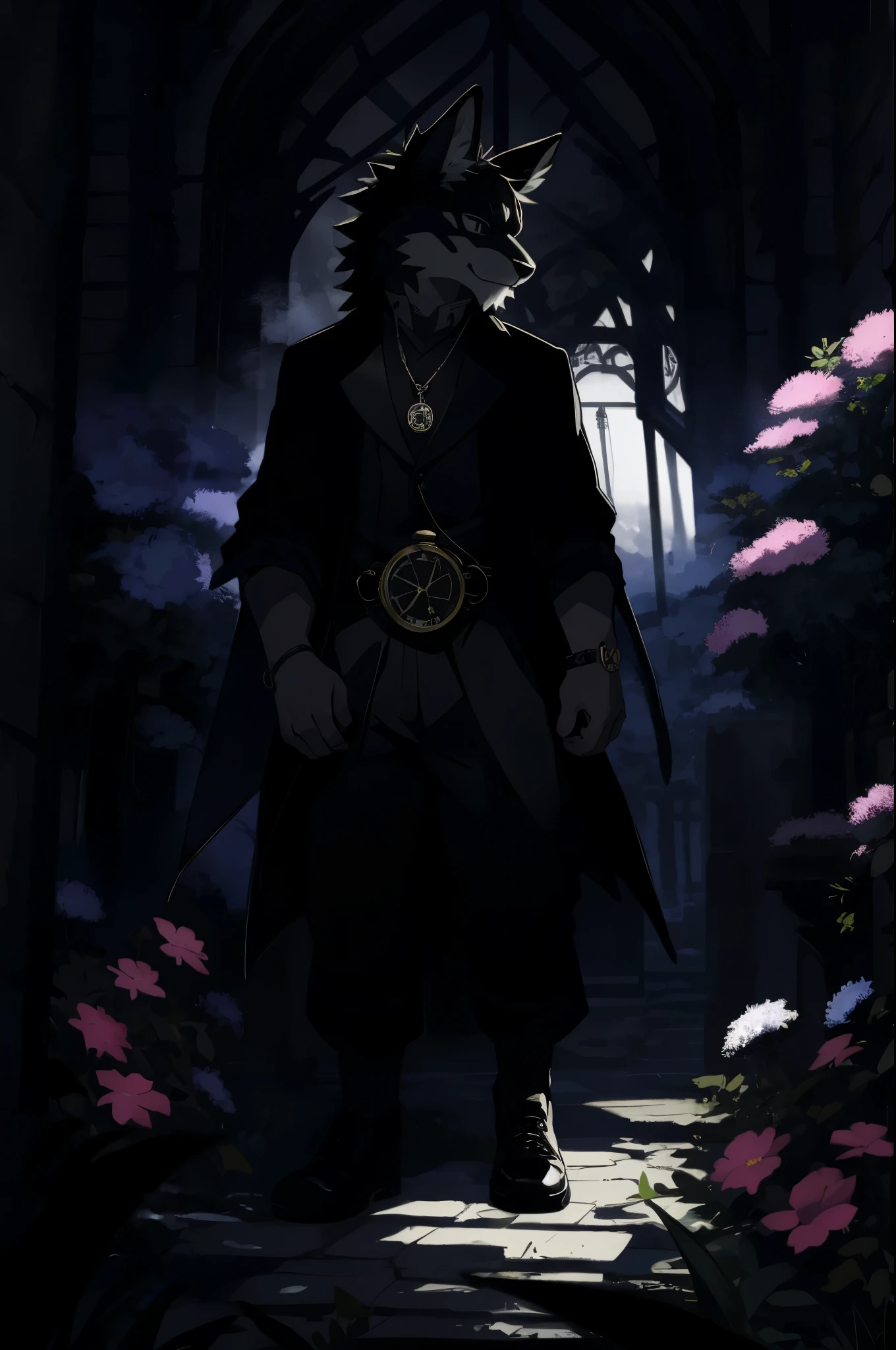 (best quality, high resolution, ultra-detailed)silhouett(kemono, furry anthro)holding striking pocket watch, surrounded by flowers, snakes and darkness, illustrative rendering, intricate details, mysterious atmosphere, vibrant colors, dynamic lighting , Gothic style,