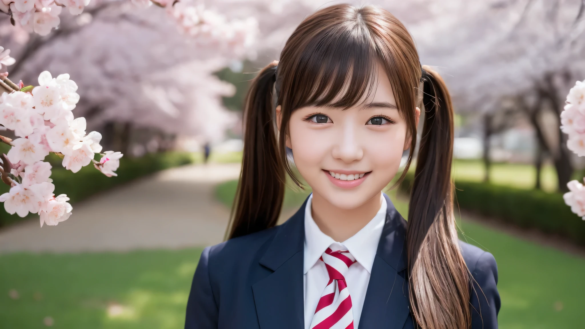 (1girl), twintails, cute smile, brown eyes, (highly detailed Beautiful face), (high school uniform:1.2), (Best Quality), (extremely detailed CG unified 8k wallpaper), Highly detailed, High-definition raw color photos, Professional Photography, Realistic portrait, evening, Extremely high resolution, smiling, cherry blossoms,