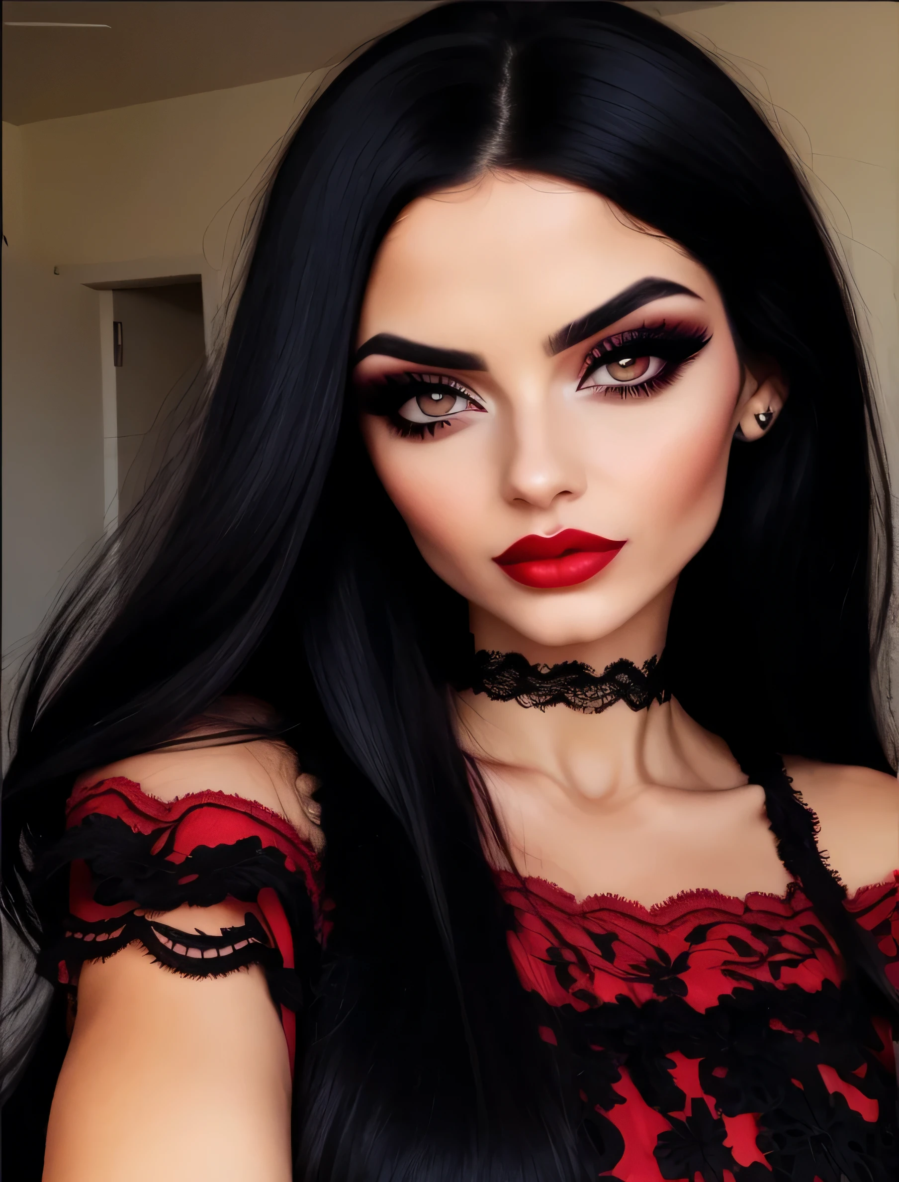 a close up of a woman with long black hair wearing a red dress, dark hair and makeup, sexy face with full makeup, black hair and large eyes, wonderful dark hair, red and black tones, black and red tones, black hair and brown eyes, dark make up on her face, with long hair and piercing eyes, sultry look, jaw dropping beauty