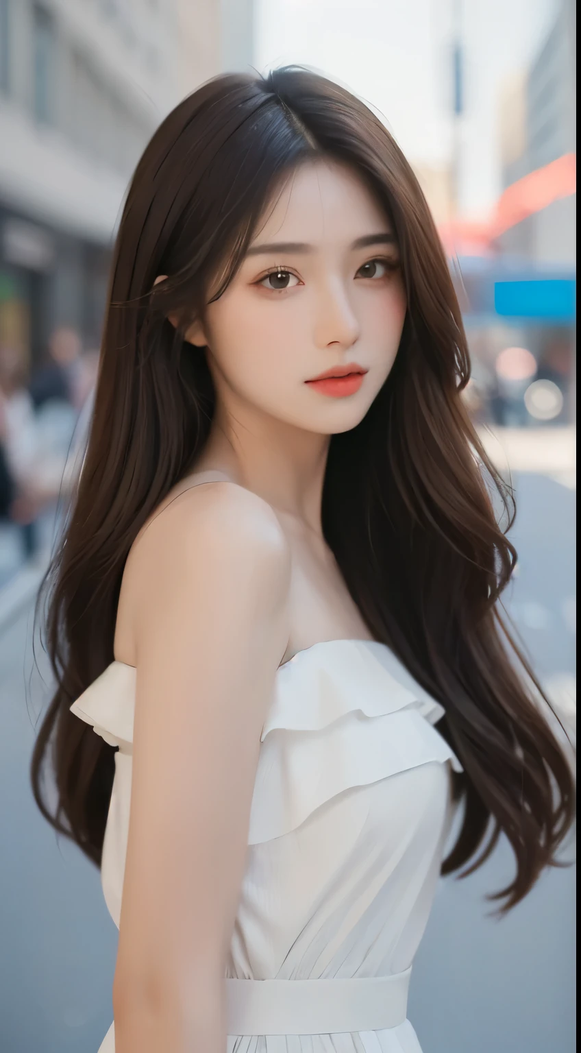 ((Best Quality, 8K, Masterpiece:1.3)), Focus: 1.2, Perfect Body Beauty: 1.4, (Street:1.3), Bandeau Dress: 1.1, Highly Detailed Face and Skin Texture, Delicate Eyes, Double Eyelids, Whitened Skin, Long Hair, perfect eyes, super fine eyes, very detailed eyes, super fine mouth, perfect mouth, very detailed mouth, perfect face, super fine face, very detailed face, perfect body, super model, super idol, beautiful girl, long hair, brown eyes