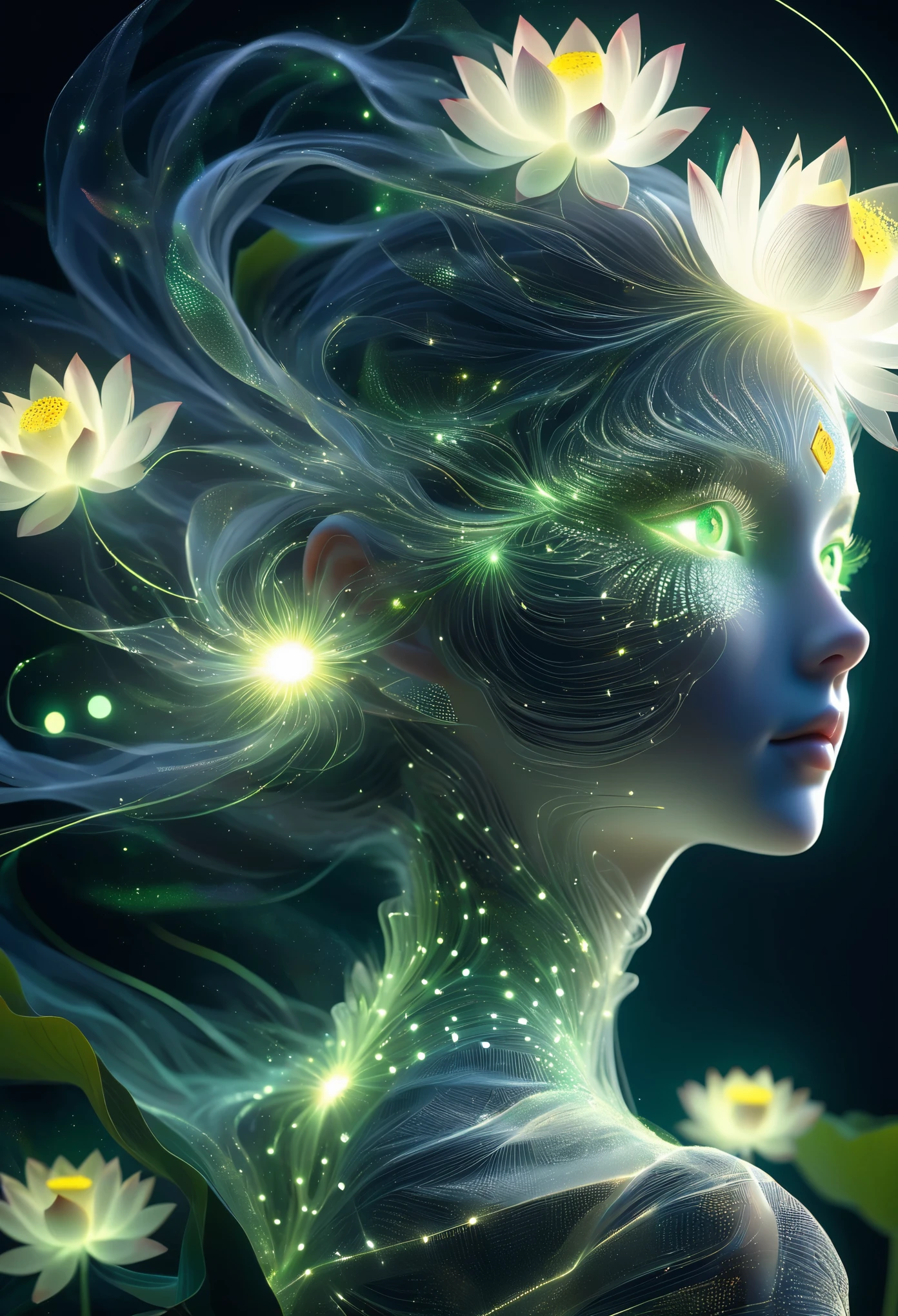 high resolution, Super detailed, (1 girl:1.3),（lotus），Dynamic light wavesBREAK sunlight, reverberation, Experimental photography, surreal contrast, Eye-catching visuals, Artistic abstraction,
Break the art of cutting, layered silhouette, complex patterns, exquisite craftsmanship, shadow play, Depth and size, creative expression,
break art, Frozen sculpture, translucent forms, short-lived beauty, Crystal structure, exquisite craftsmanship, impressive,
break green eye,body glow，Glowing lines，fluorescence,glow example，Example tracking，flash，萤light particles，Backlight，Translucent，light particles