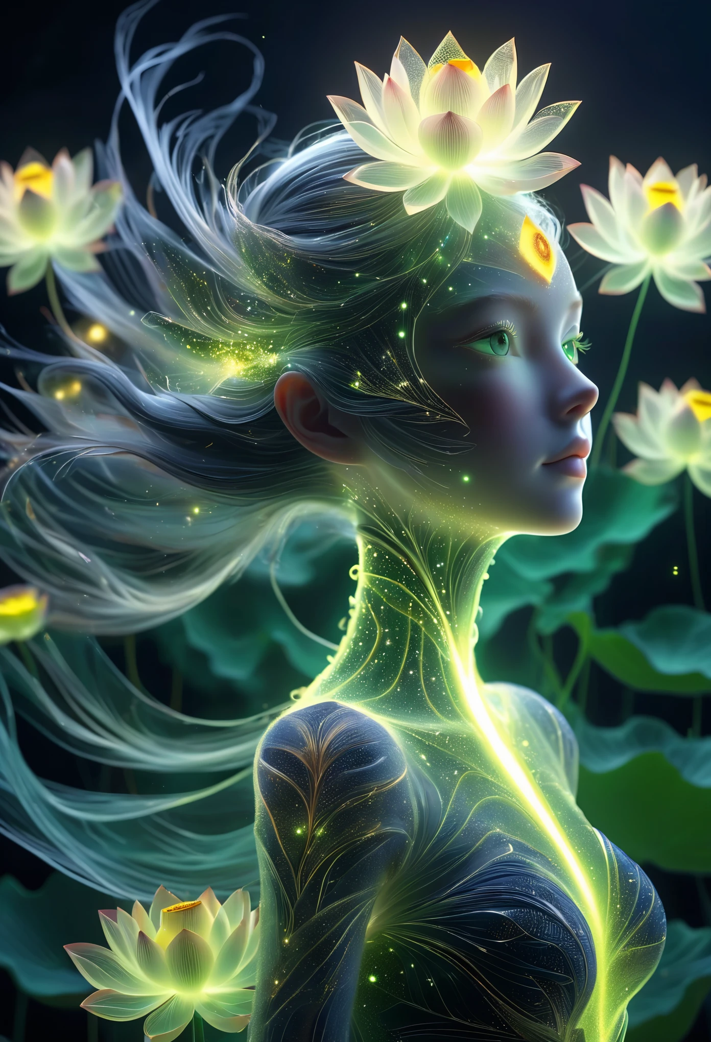 high resolution, Super detailed, (1 girl:1.3),（lotus），Dynamic light wavesBREAK sunlight, reverberation, Experimental photography, surreal contrast, Eye-catching visuals, Artistic abstraction,
Break the art of cutting, layered silhouette, complex patterns, exquisite craftsmanship, shadow play, Depth and size, creative expression,
break art, Frozen sculpture, translucent forms, short-lived beauty, Crystal structure, exquisite craftsmanship, impressive,
break green eye,body glow，Glowing lines，fluorescence,glow example，Example tracking，flash，萤light particles，Backlight，Translucent，light particles