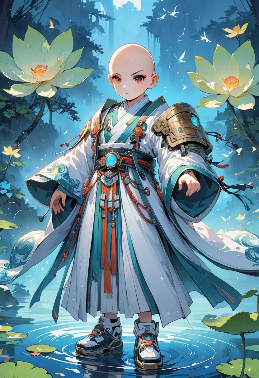 ((Vision))，((whole body))，(Bald:1.5)，Chinese monk, Wearing luxurious Hanfu robes，Robot arms and legs，cyberpunk monk holding electric rifle，standing on the lake，white socks，mechanical ceramic shoes ，futuristic style，cyberpunk，high detail