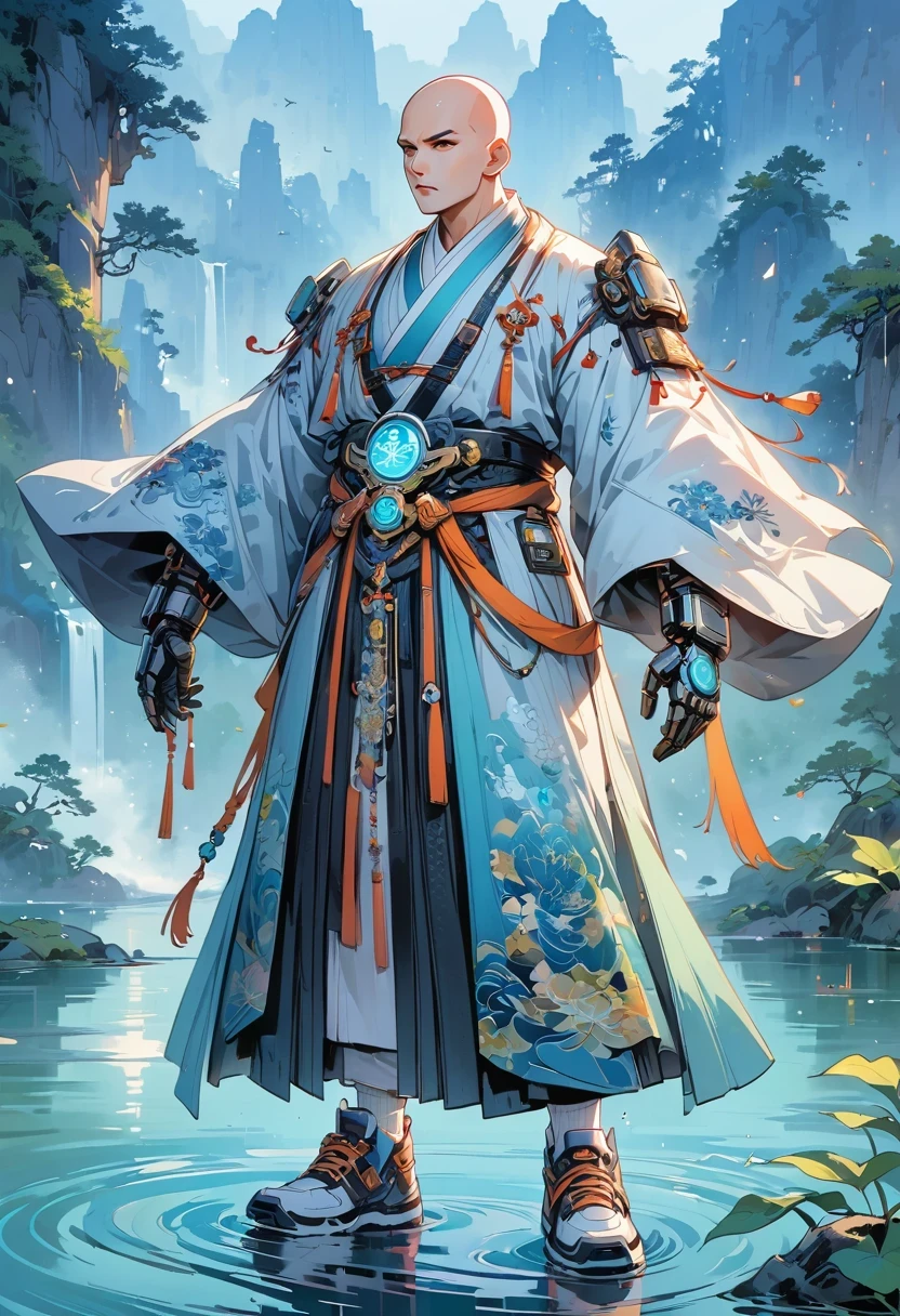 ((Vision))，((whole body))，(Bald:1.5)，Chinese monk, Wearing luxurious Hanfu robes，Robot arms and legs，cyberpunk monk holding electric rifle，standing on the lake，white socks，mechanical ceramic shoes ，futuristic style，cyberpunk，high detail