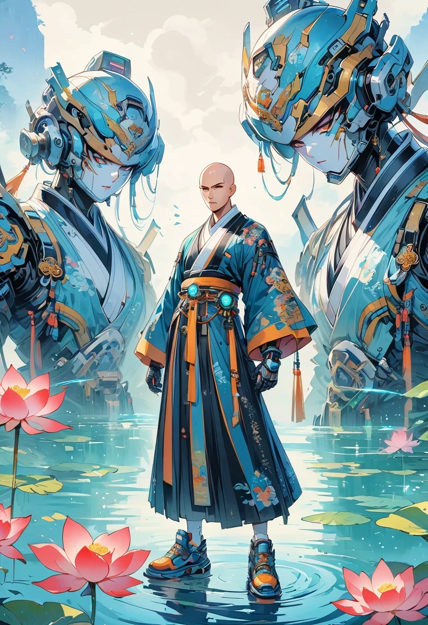 ((Vision)),((whole body)),(Bald:1.5),Chinese monk, Wearing luxurious Hanfu robes,Robot arms and legs,cyberpunk monk holding electric rifle,standing on the lake,white socks,mechanical ceramic shoes ,futuristic style,cyberpunk,high detail