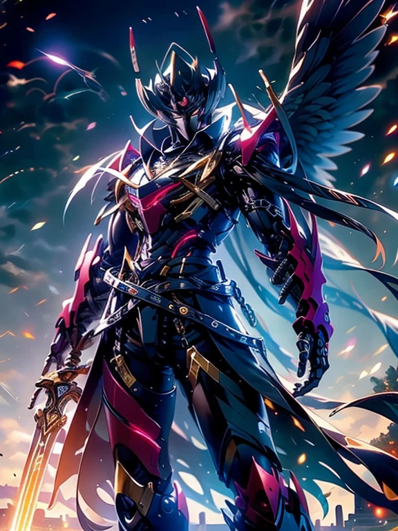 ultra wide shot, full body shot, (masterpiece) , the best quality, High Quality, (futurism:1.1), (A paladin holding a light infused sword, light magic, divine, magewave, silver and gold), movie lights, (Exquisite future), Beautiful and beautiful, Ultra detailed, Great composition, floating, Depth of field, (Very detailed CG,Unity 8k), (Beautiful detail background), Beautiful hair details, dramatic lights, GOGETTA, mecha,Bestquality,ultrahighres,photorealistic