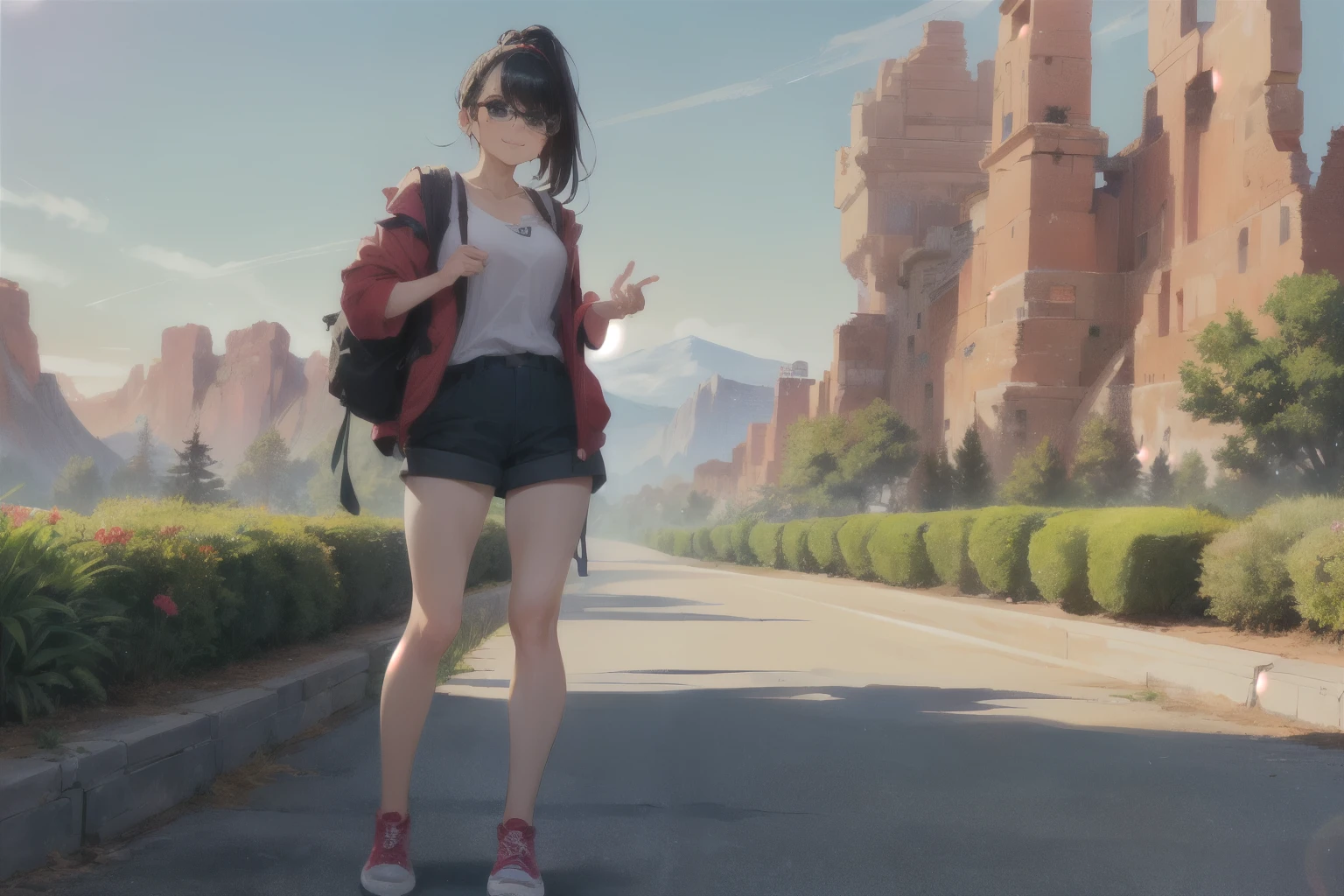 ((wide angle, full body image)) beautiful female tourist, black hair, ponytail, bangs, wearing large glasses, smirk, ((wearing a Backpacker style outfit)), morning light, Garden of the Gods