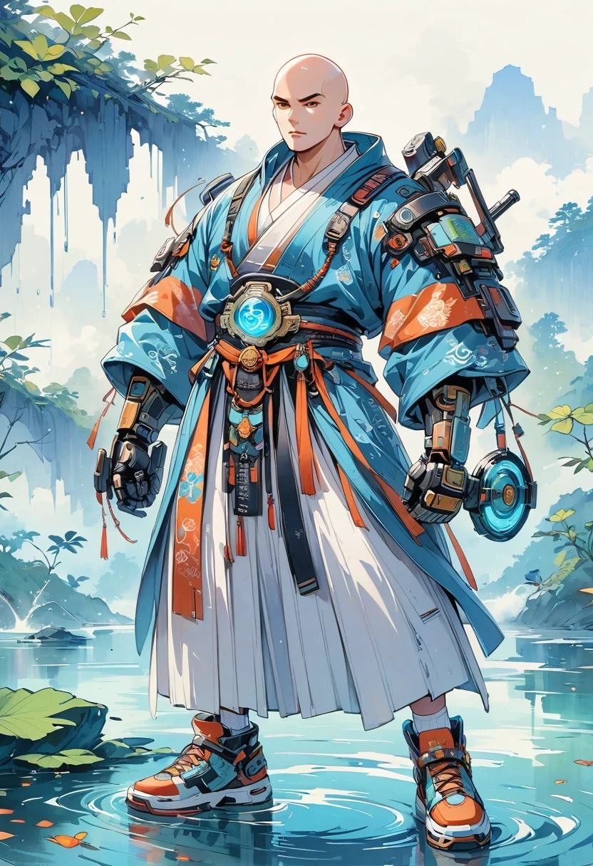 ((Vision))，((whole body))，(Bald:1.5)，Chinese monk, Wearing luxurious Hanfu robes，Robot arms and legs，cyberpunk monk holding electric rifle，standing on the lake，white socks，mechanical ceramic shoes ，futuristic style，cyberpunk，high detail