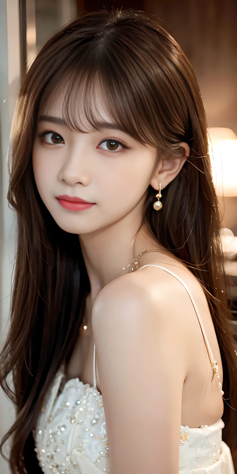 8K,high resolution,beautiful eyes:1.1,long hair,wink:1.2,comb one's hair:1.2,red eyes:1.3,older sister,beautiful girl,earrings
