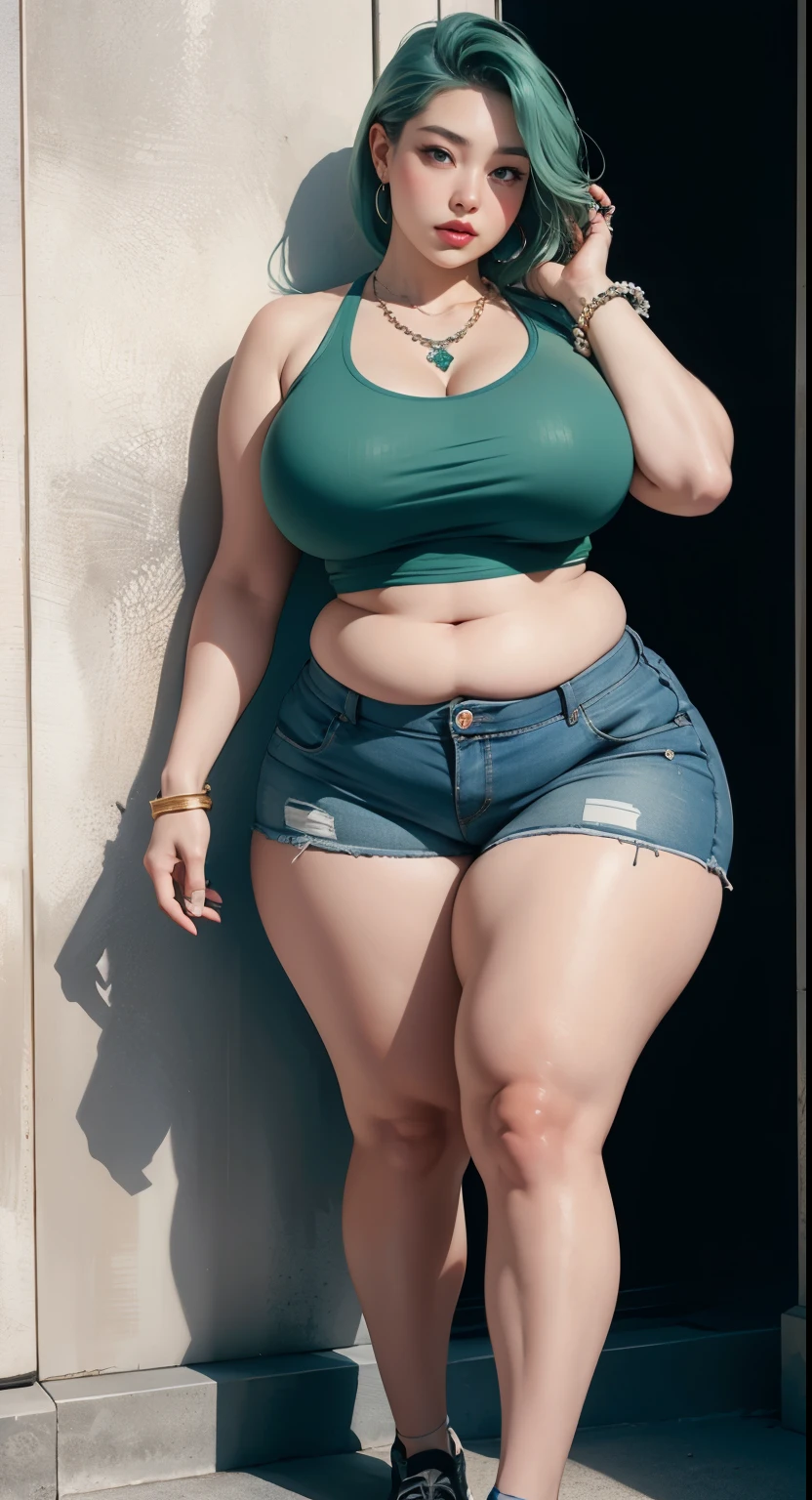 photorealistic, high resolution, soft light,1women, solo, wide hips, (detailed face),tattoo, jewelry, , , blue and green hair Color , (closeup), wide angle,, (busty), armpit , Slightly fat belly, large breasts, full body angle, 80 years old woman , thick thighs , thick arms , standing in dark rooms, short pants, wearing a three bracelet, wearing two diamond necklace , wearing a watch, wearing airmax shoes , japanese goddess, wavyshort hairstyle, fat belly, thick fat belly, thick wide hips, thick arm, bbwchan, massive arm, full body,