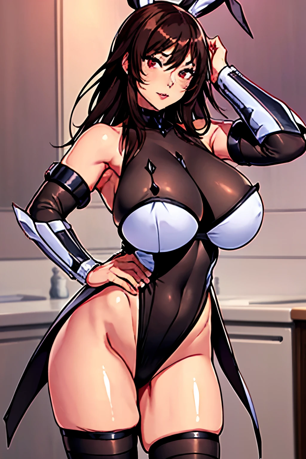 (masterpiece, best quality, detailed illustration, high resolution), ((1girl, solo)), ((huge breasts, large breasts, slim waist, long legs, fit body, toned body)), ((full body, closeup view)), ((standing)), ((looking at the viewer, facing the viewer)), office setting, ((fair skin)), oiled skin, ((large breasts, mature woman, mature female, mature lady)), (detailed eyes), ((standing)), (brown hair), ((maid clothes, french maid, maid outfit)), (red eyes), Shiranui, ((maid clothes, french maid, maid outfit)), (long hair)
