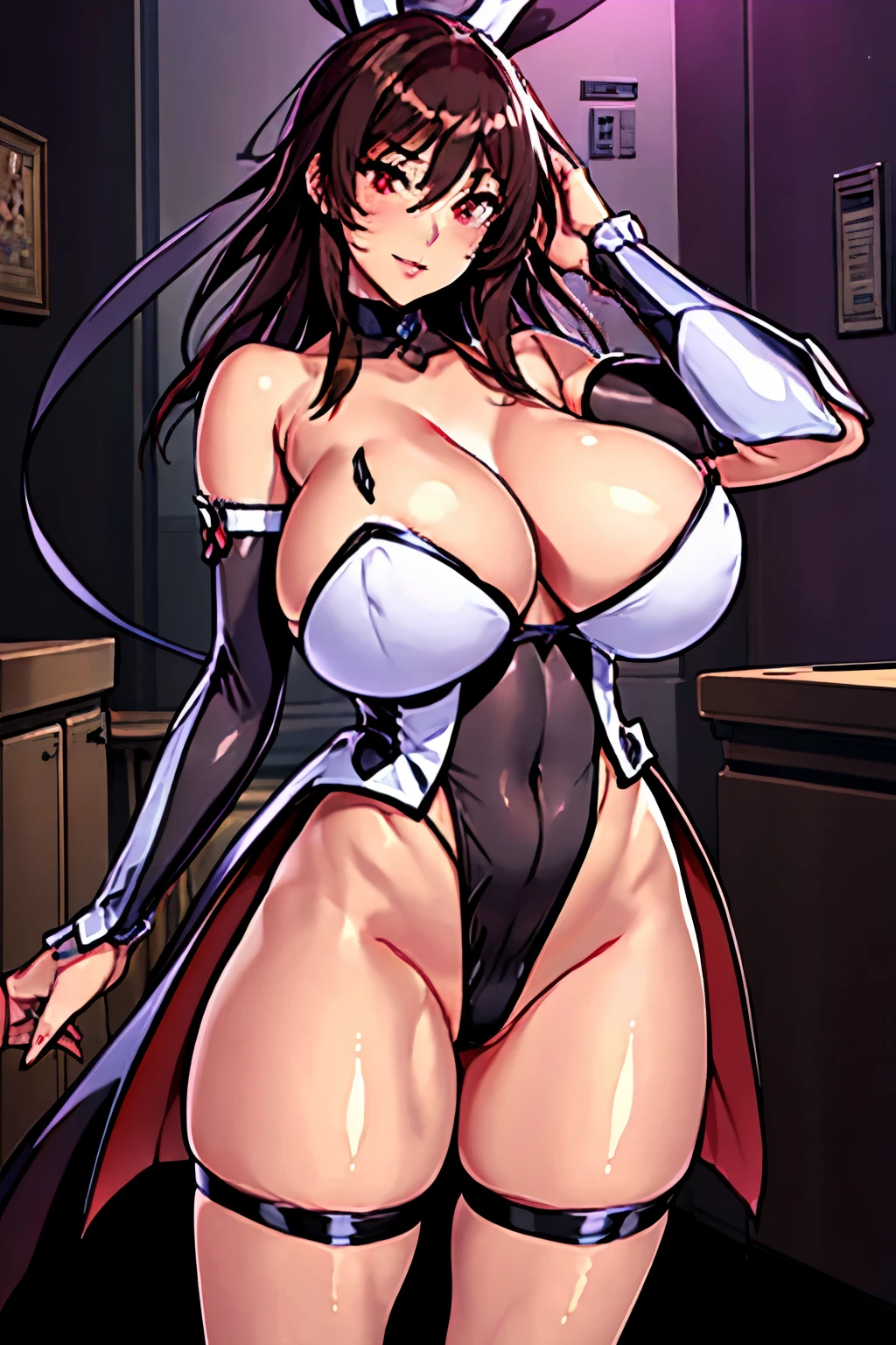 (masterpiece, best quality, detailed illustration, high resolution), ((1girl, solo)), ((huge breasts, large breasts, slim waist, long legs, fit body, toned body)), ((full body, closeup view)), ((standing)), ((looking at the viewer, facing the viewer)), office setting, ((fair skin)), oiled skin, ((large breasts, mature woman, mature female, mature lady)), (detailed eyes), ((standing)), (brown hair), ((maid clothes, french maid, maid outfit)), (red eyes), Shiranui, ((maid clothes, french maid, maid outfit)), (long hair)