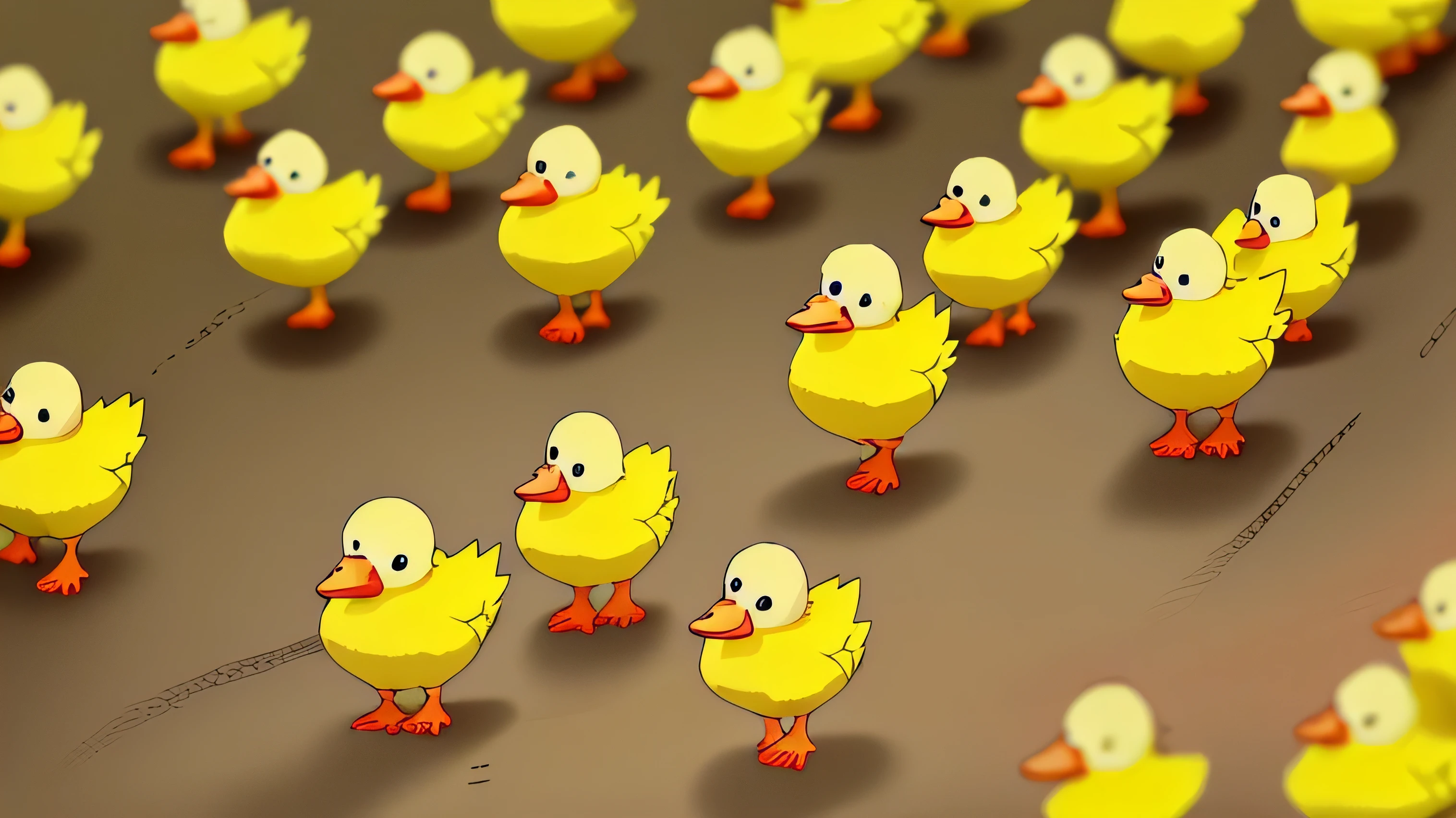 an army of yellow ducks, marching off to war with the humans