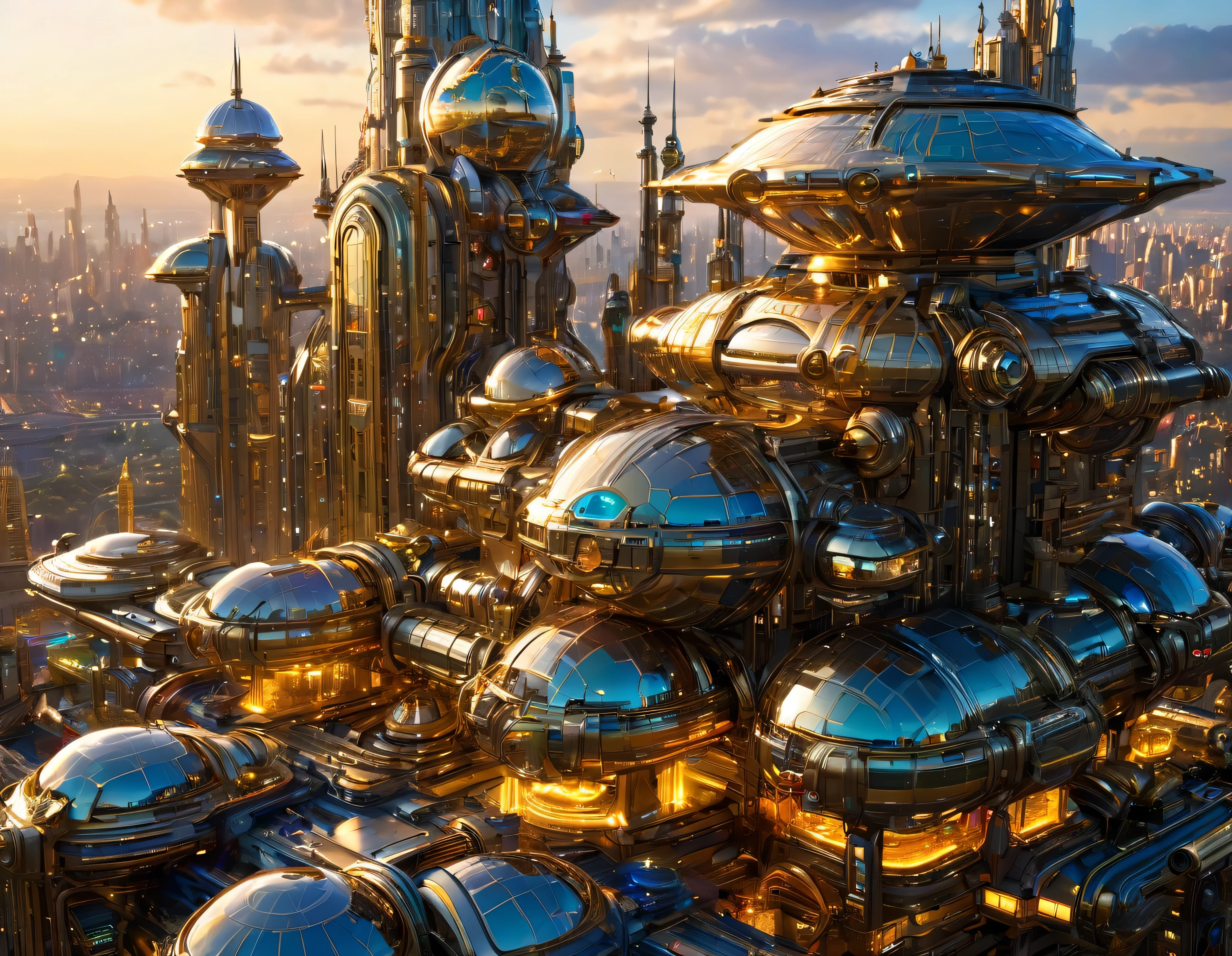 (golden hour lighting), megacity, megalopolis of an imaginary world of science fiction , parecido a una disneylandia futurista, and maximum fantasy, con inmensos edificios y rascacielos ovalados y dodecaedricos agrupados de metal y cristal donde predomina la plata y los anuncios luminosos de colores. imagen bien definida 8k, (intrincados detalles de la maquina), con muchos edificios juntos.(obra maestra de superior calidad).(imagen fotorrealista), nitidez absoluta hasta el fondo