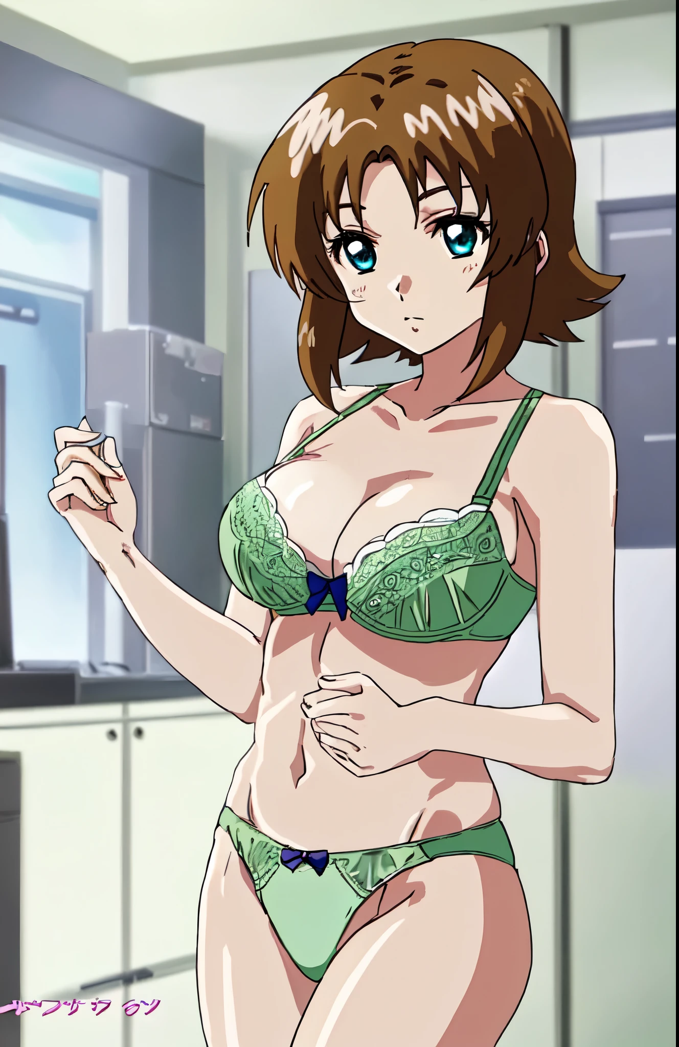 anime girl in a green bra with a pink bow and green panty、short brown hair girl、blue eyed girl、short wolf hair、seductive anime girl、clothing:green bra、green panties、anime moe art style、big breasts、girl with very big breasts、(anime girl)、attractive anime girl、naughty anime style、Beautiful charming anime 、Smooth anime CG art、indoor、cleavage、bra with an green、panty with an green、whole body、a girl is standing、digital anime art!!、female focus、perfect body、pretty anime girl、full body、anime best girl、solo、underwear only、Bra and panties only、8k!!、High resolution!!、