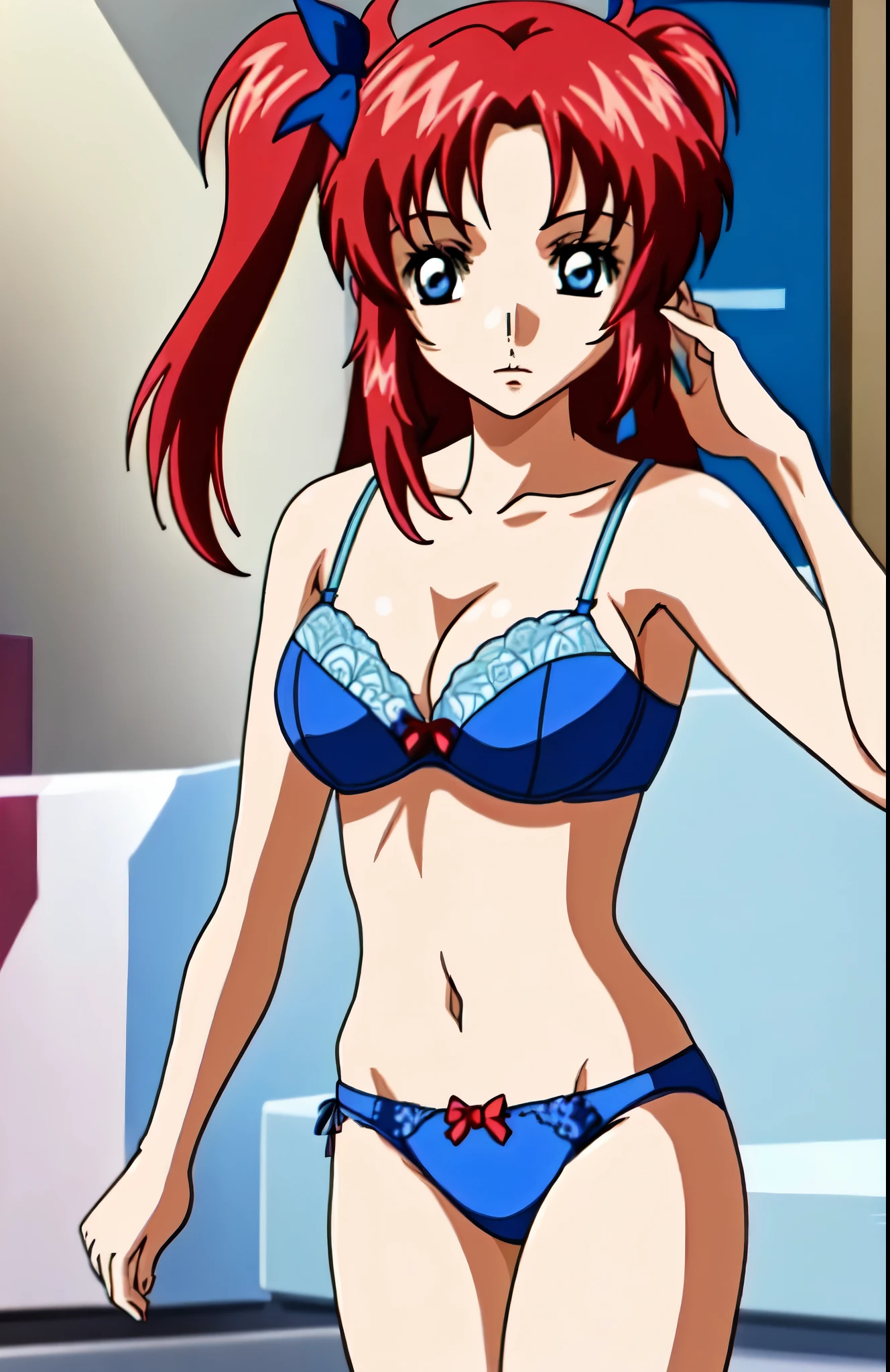 anime girl in a blue bra with a red bow and blue panty、Girl with long red hair、blue eyed girl、two side up hair、seductive anime girl、clothing:blue bra、blue panties、anime moe art style、big breasts、girl with very big breasts、(anime girl)、attractive anime girl、naughty anime style、Beautiful charming anime teen、Smooth anime CG art、indoor、cleavage、bra with an blue、panty with an blue、whole body、a girl is standing、digital anime art!!、female focus、perfect body、pretty anime girl、full body、anime best girl、solo、underwear only、Bra and panties only、8k!!、High resolution!!、