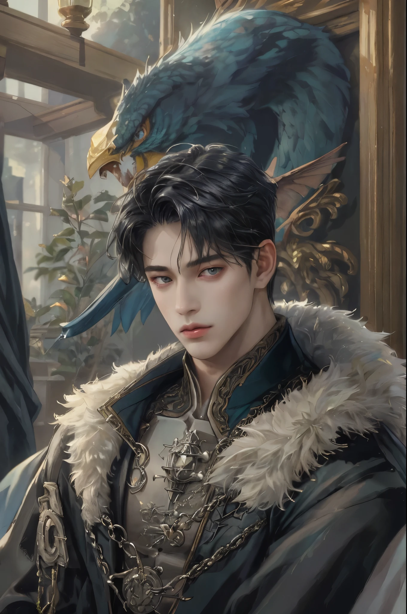(absurdres, highres, ultra detailed, HDR), masterpiece, best quality, solo focus, 1 boy , korean face, webtoon, maleficent movie, boy character ,short hair, handsome face, anime eyes, patched clothes, detailed interior, detailed character, ripped clothes,