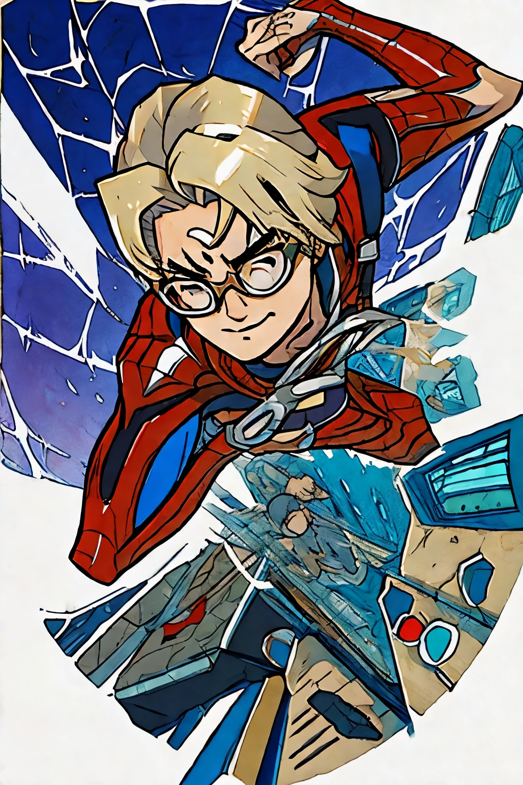 Blond spider man with glasses, cabelo curto, anime, desenho, upside down, anime, desenho, masculino, homem aranha, soltando teia, pose, building posing, mortal