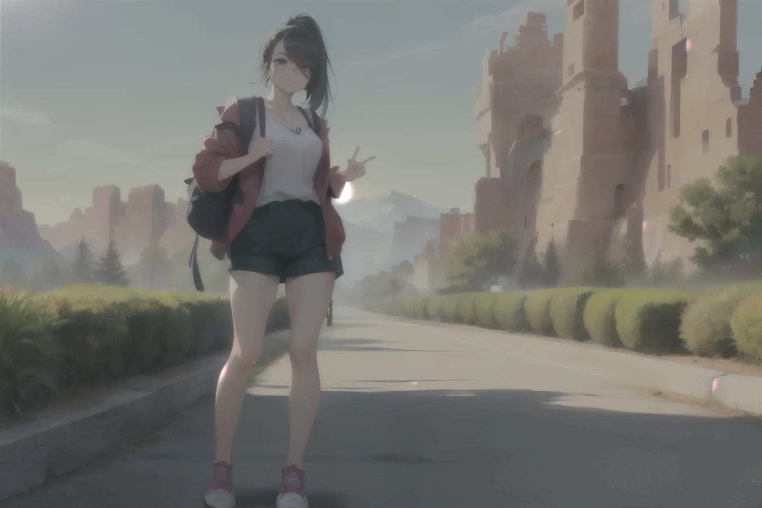 ((wide angle, full body image)) beautiful female tourist, black hair, ponytail, bangs, wearing large glasses, smirk, ((wearing a Backpacker style outfit)), morning light, Garden of the Gods