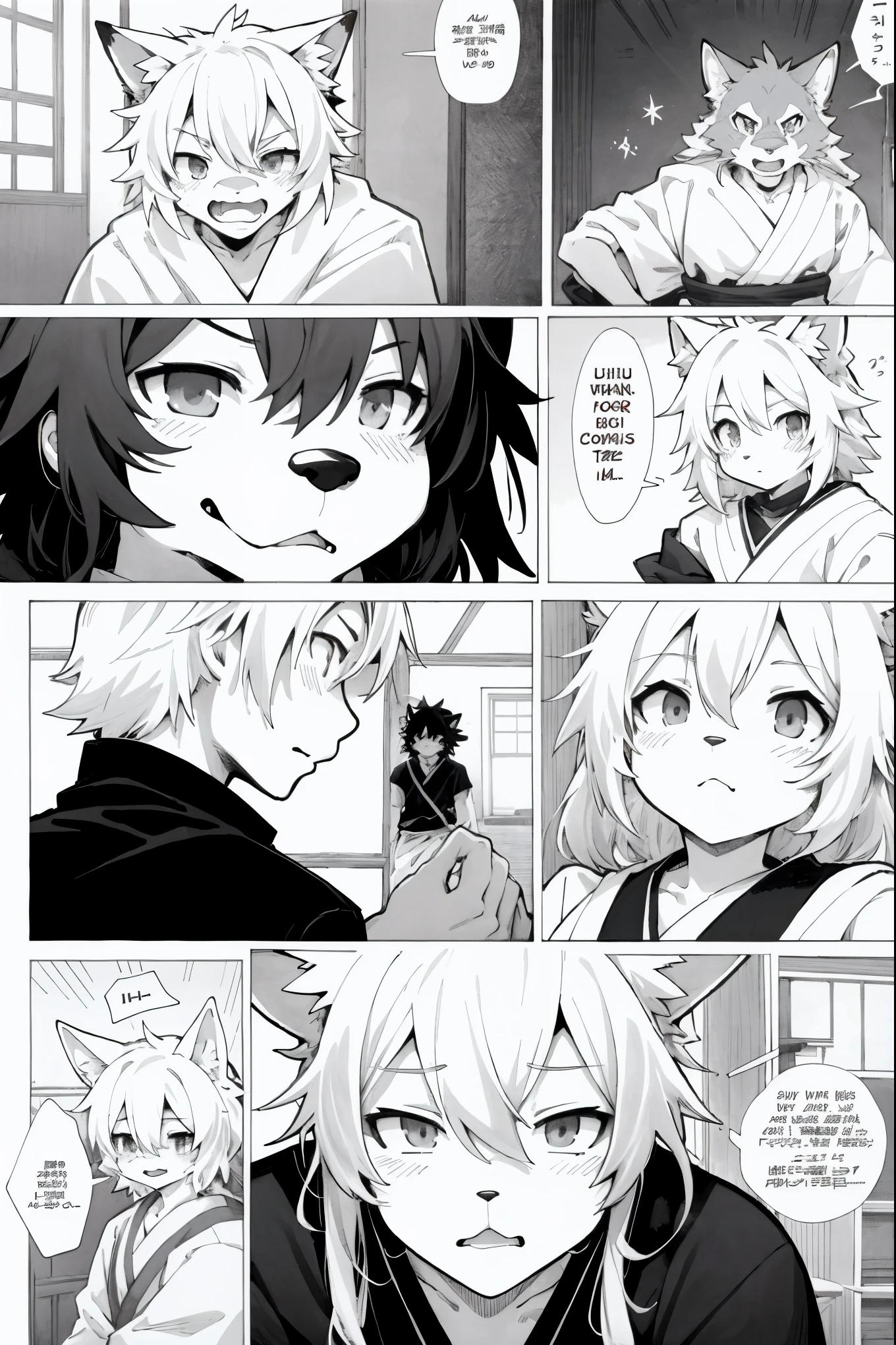 top quality, best quality, highres, unparalleled masterpiece, perfect artwork, paid reward available, indoor, japanese, samurai, 6+boys, 6+girls, absurdres, battle comics(super cute 1girl, 1wolf, kemono, furry anthro)tumblr, sosaku hanga, black and white manga page, manga page, doujin, ddlc, anime, comedy comic, black and white manga panel, zerochan,