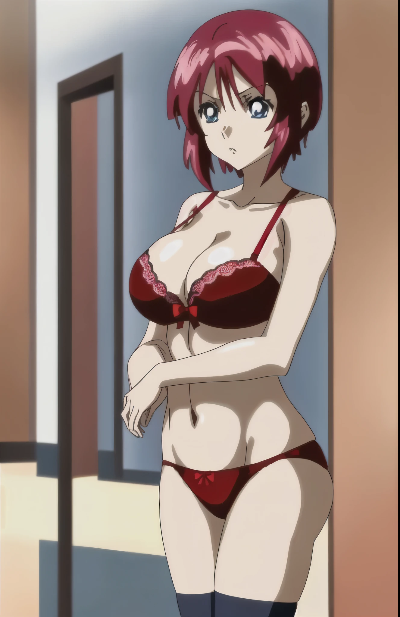 anime girl in a red bra with a blue bow and red panty、Short red-haired girl、blue eyed girl、seductive anime girl、clothing:red bra、red panties、anime moe art style、big breasts、girl with very big breasts、(anime girl)、attractive anime girl、naughty anime style、Beautiful charming anime 、Smooth anime CG art、indoor、cleavage、bra with an red、panty with an red、whole body、a girl is standing、digital anime art!!、female focus、perfect body、pretty anime girl、full body、anime best girl、solo、underwear only、Bra and panties only、8k!!、High resolution!!、