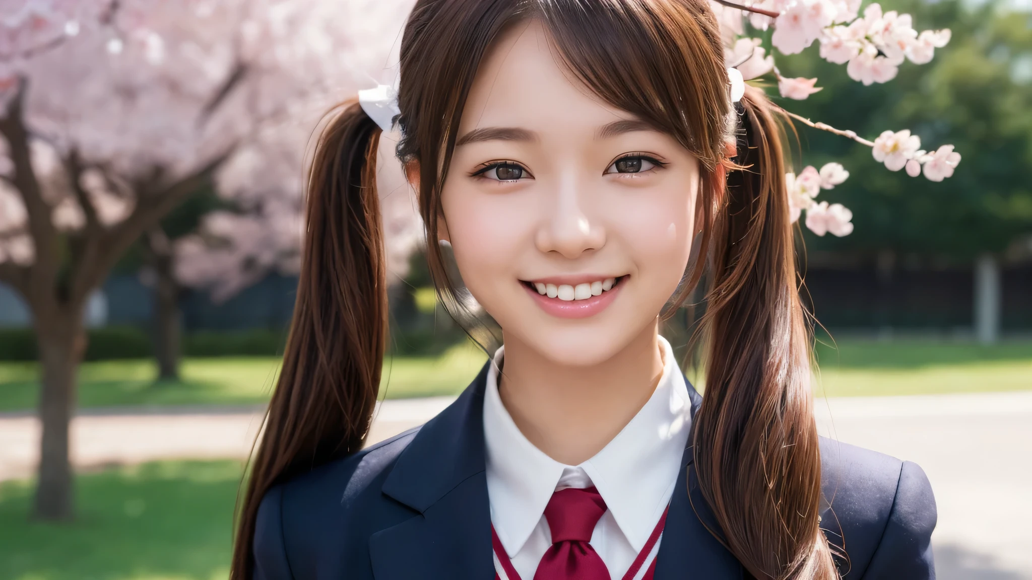1girl, (twintails), cute smile, brown eyes, (highly detailed Beautiful face), (high school uniform:1.2), (Best Quality), (extremely detailed CG unified 8k wallpaper), Highly detailed, High-definition raw color photos, Professional Photography, Realistic portrait, evening, Extremely high resolution, smiling, cherry blossoms,