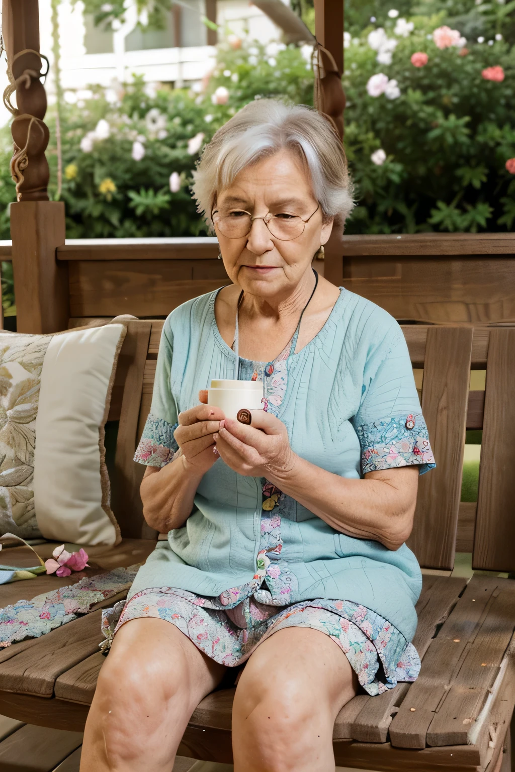An elderly grandmother, 65 years old, sitting on a weathered wooden porch swing, knitting a colorful quilt with intricate patterns, surrounded by blooming flower beds and a gentle breeze, conveying a sense of peaceful contentment, Photography, DSLR camera with a 50mm prime lens, --ar 4:3 --v 5