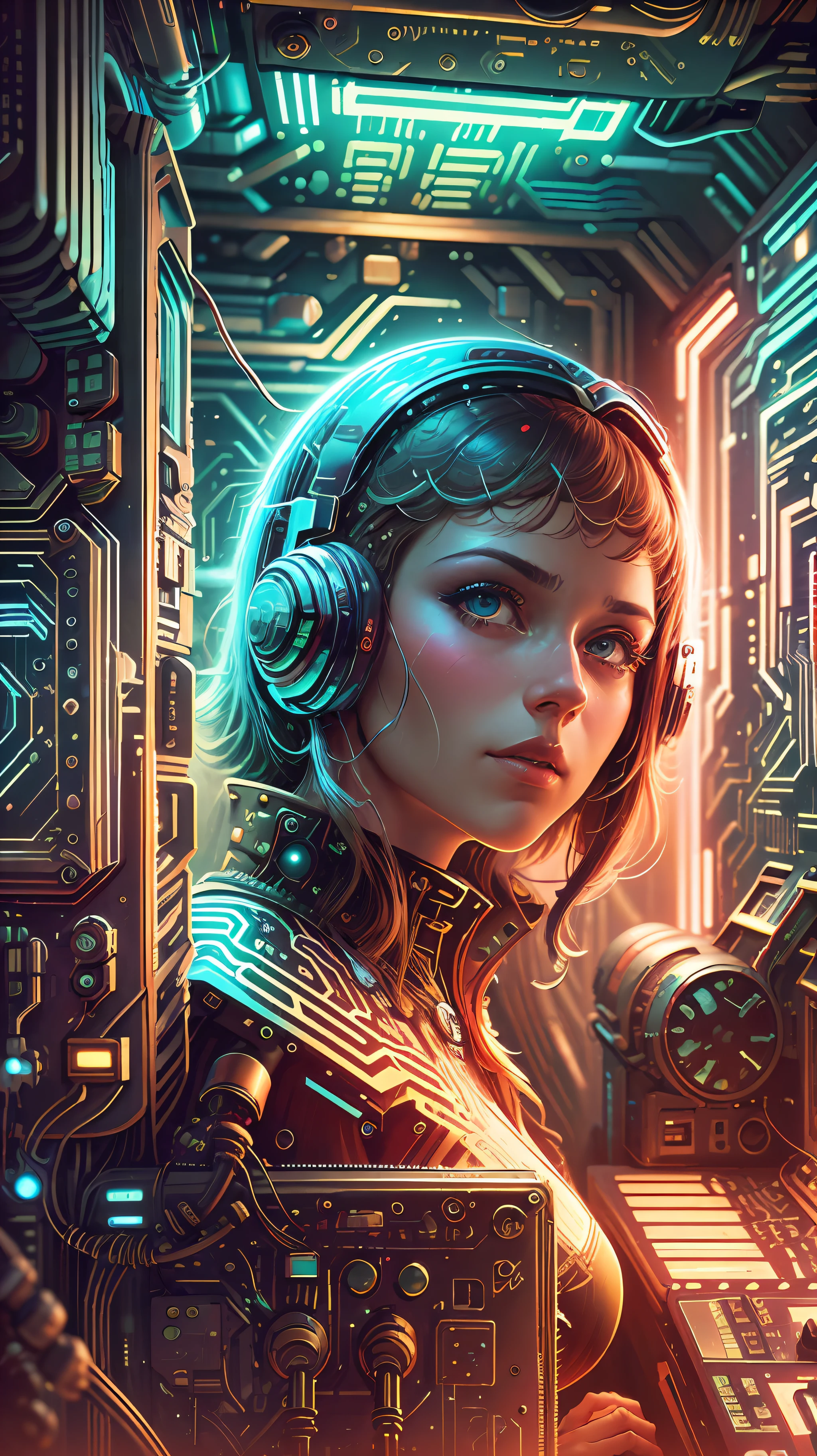 A retrofuturistic scene of a mess of arcade cables on a computer, Mechanical delay, componentes de cableado, ultrago austin metal wiring, iris van buren, carol de vuelta, Obituario de Kiichi por Beksinski, david falls fanart machine --auto --s2