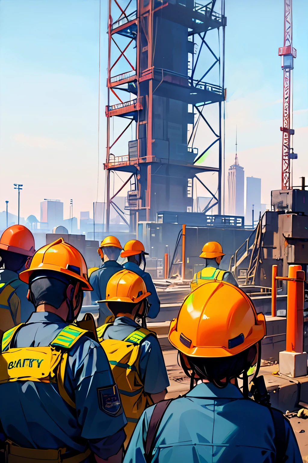 Workers in protective gear, industriously laboring at a bustling construction site. --s2
(Safety first: 1.9)
(Hardhats on heads, faces unseen,)
(Safety goggles shielding eyes,)
(Neon orange jumpsuits, sturdy boots,)
(Gloves shielding hands, tools held tight.)
A chorus of industrious workers, dedicated to their task.
Construction site symphony, of hammers and drills,
Reinforcing concrete pillars, steadfast and still.
Safety gear donned, each worker's uniform,
A mechanical