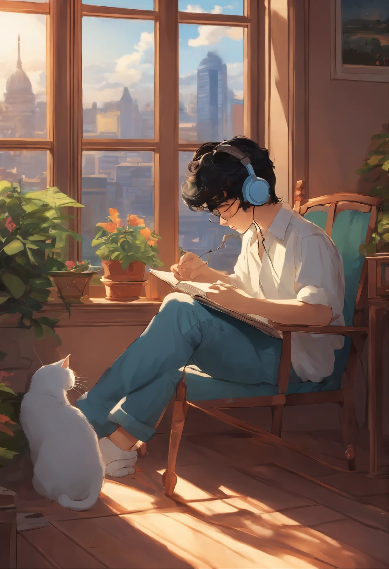 1980s city pop、anime style、A black-haired boy wearing headphones is sitting on a chair and studying、a cat is sleeping by the window