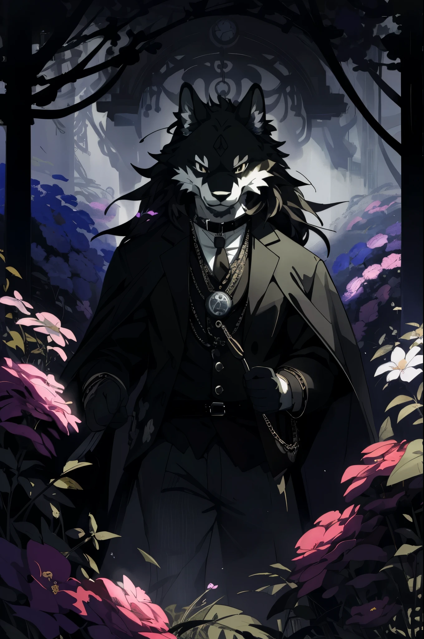 (cover page, best quality, high resolution, ultra-detailed)silhouett(kemono, furry anthro)holding striking pocket watch, surrounded by flowers, snakes and darkness, illustrative rendering, intricate details, mysterious atmosphere, vibrant colors, dynamic lighting , Gothic style,