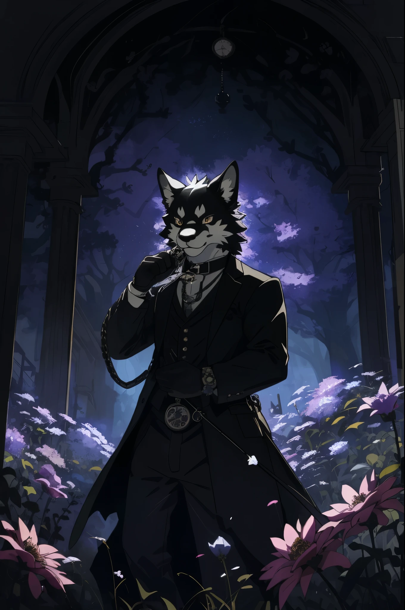 (cover page, best quality, high resolution, ultra-detailed)silhouett(kemono, furry anthro)holding striking pocket watch, surrounded by flowers, snakes and darkness, illustrative rendering, intricate details, mysterious atmosphere, vibrant colors, dynamic lighting , Gothic style,