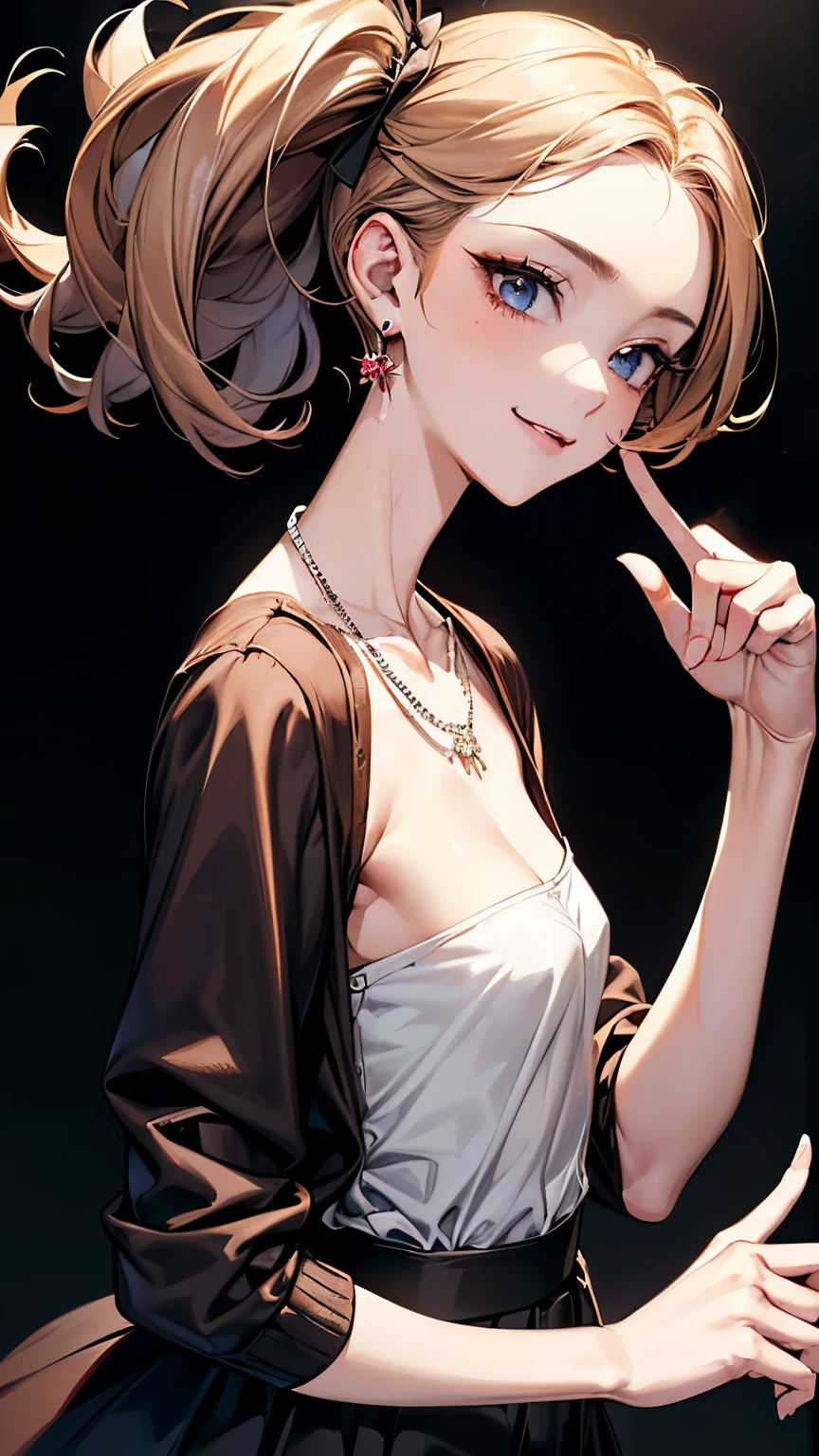 ((Biologically correct number of limbs))、(( Full body photo including face))、4K、((standing position))、masterpiece、((focus on the face))、((Symmetrical facial features))、Eyes of minute description、Beautiful woman、outstanding style、beautiful clavicle、beautiful legs、slender body、(small ass、thin thighs)、(stockings、high heels)、Detailed depiction of faces、small earrings、necklace、high angle、(upper body cardigan、shirt、((long skirt))、latex、rubber)、close up of face、lighting to the face、smile、Natural form5This finger、skin color is brown、turn one's face upward、((hands down))、