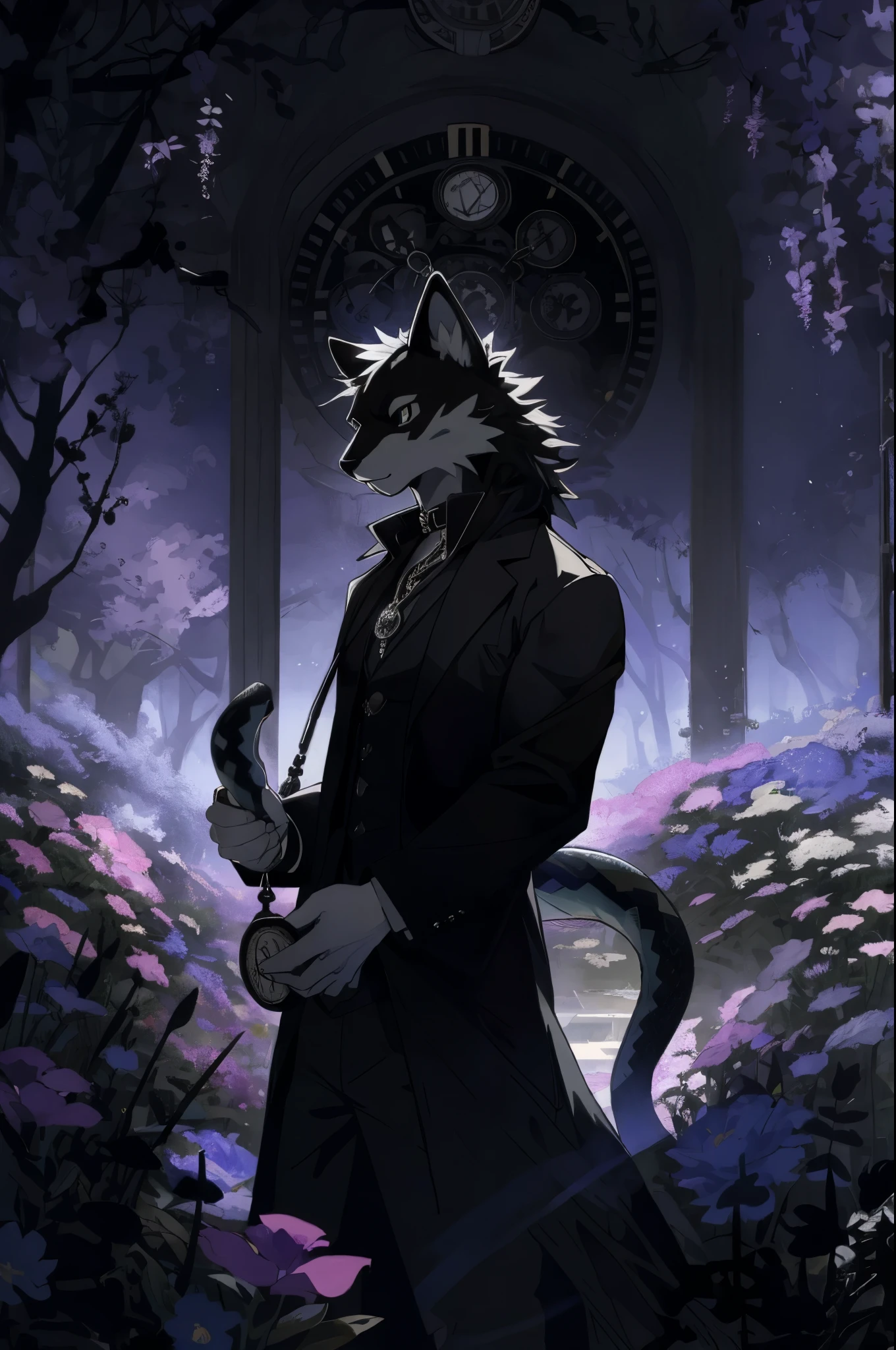 (cover page, best quality, high resolution, ultra-detailed)silhouett(kemono, furry anthro)holding striking pocket watch, surrounded by flowers, snakes and darkness, illustrative rendering, intricate details, mysterious atmosphere, vibrant colors, dynamic lighting , Gothic style,