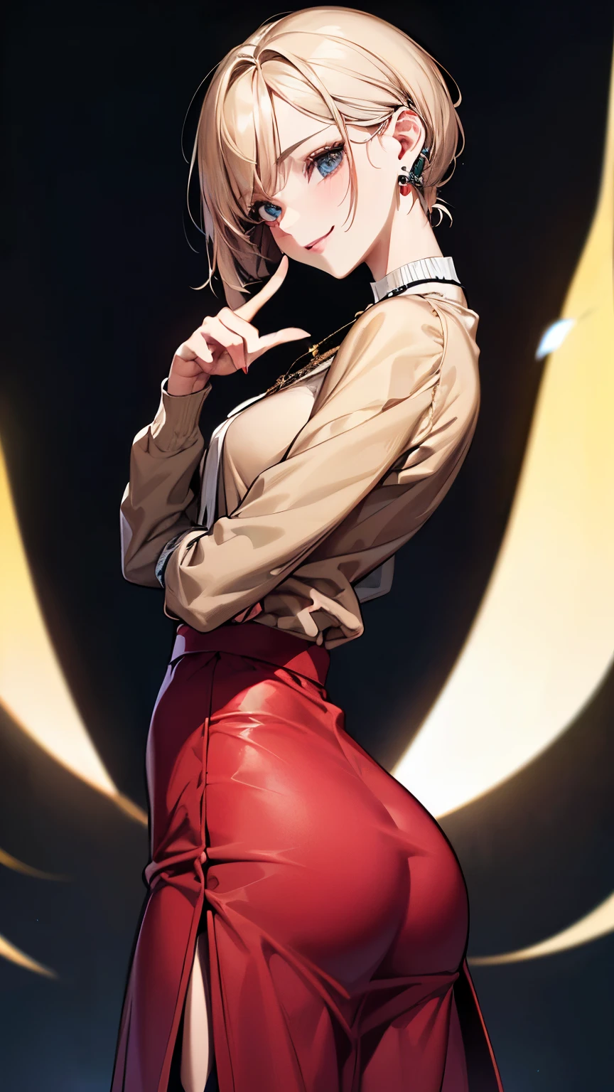 ((Biologically correct number of limbs))、(( Full body photo including face))、4K、((standing position))、masterpiece、((focus on the face))、((Symmetrical facial features))、Eyes of minute description、Beautiful woman、outstanding style、beautiful clavicle、beautiful legs、slender body、(small ass、thin thighs)、(stockings、high heels)、Detailed depiction of faces、small earrings、necklace、high angle、(upper body cardigan、shirt、((long skirt))、latex、rubber)、close up of face、lighting to the face、smile、Natural form5This finger、skin color is brown、turn one's face upward、((hands down))、Looking back、buckshot、