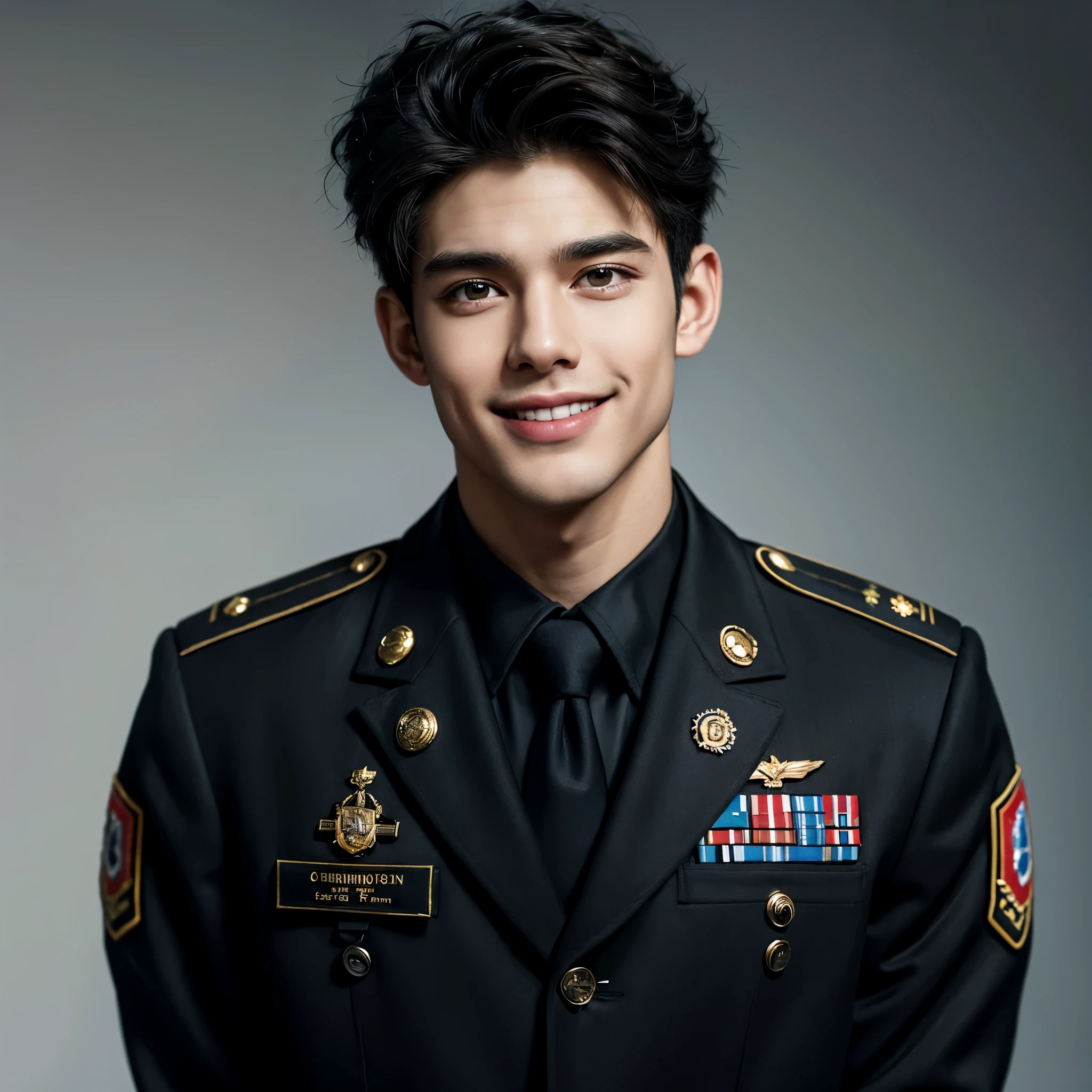 (absurdres, highres, ultra detailed) 1 boy, Hyperrealist portrait of male having a black hair and well toned body, formal look with military badges, general army force, using black suit, front focus, masculine jawline and body, upper body, smiling, focus on camera