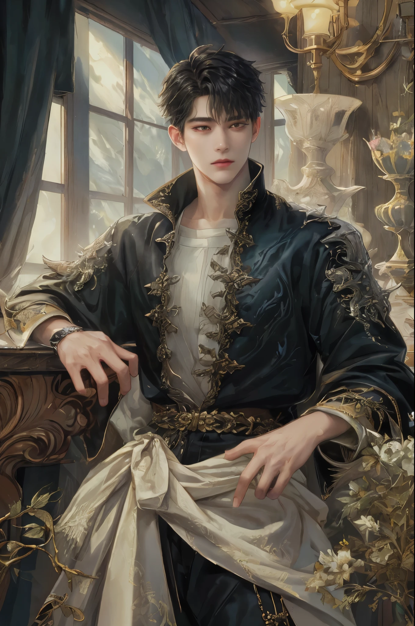 (absurdres, highres, ultra detailed, HDR), masterpiece, best quality, solo focus, 1 boy , korean face, webtoon, maleficent movie, boy character ,short hair, handsome face, anime eyes, patched clothes, detailed interior, detailed character, ripped clothes,