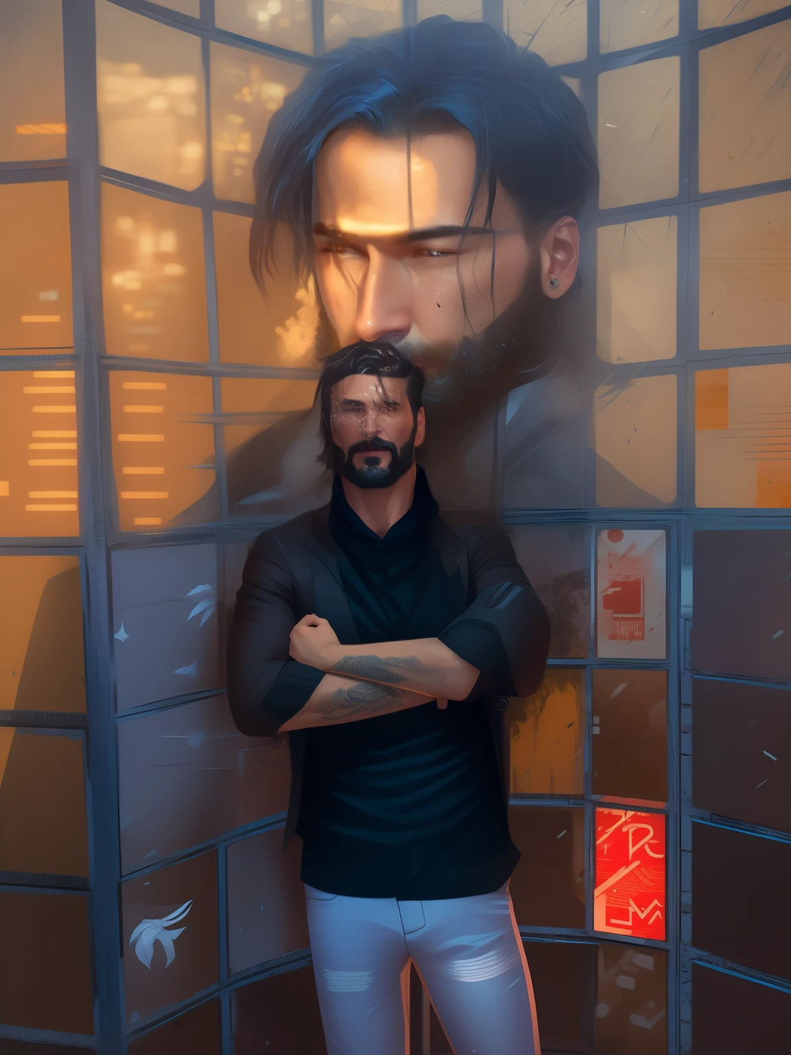 there is a man with a beard and a suit on, portrait of john wick, portrait of a cyberpunk man, beaten tech. neo noir style, handsome stunning realistic, cyberpunk dude, neo noir style, portrait of keanu reeves, cyberpunk portrait, handsome prince of persia, stylized urban fantasy artwork, in cyberpunk style