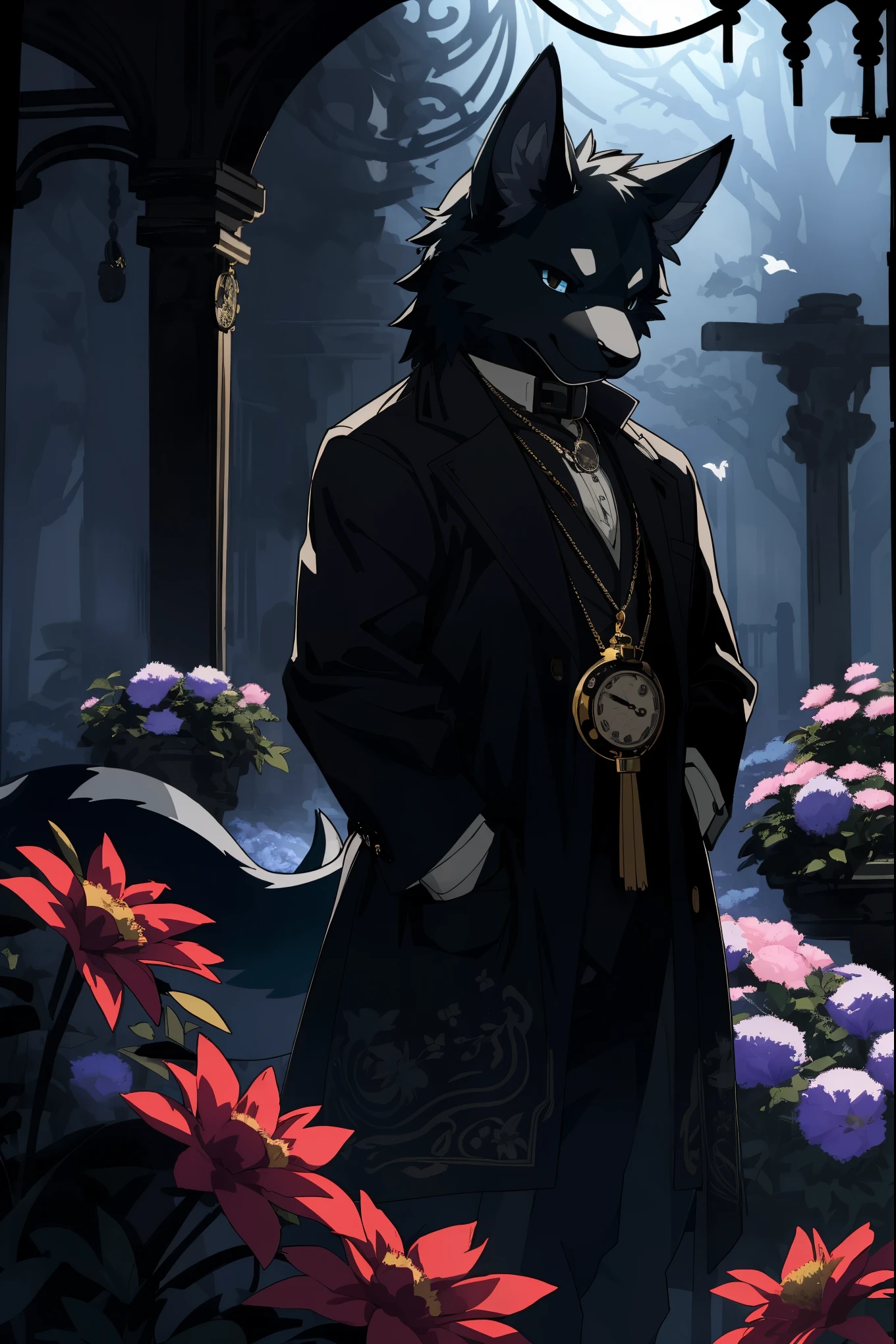 (best quality, high resolution, ultra-detailed)silhouett(kemono, furry anthro)holding striking pocket watch, surrounded by flowers, snakes and darkness, illustrative rendering, intricate details, mysterious atmosphere, vibrant colors, dynamic lighting , Gothic style,