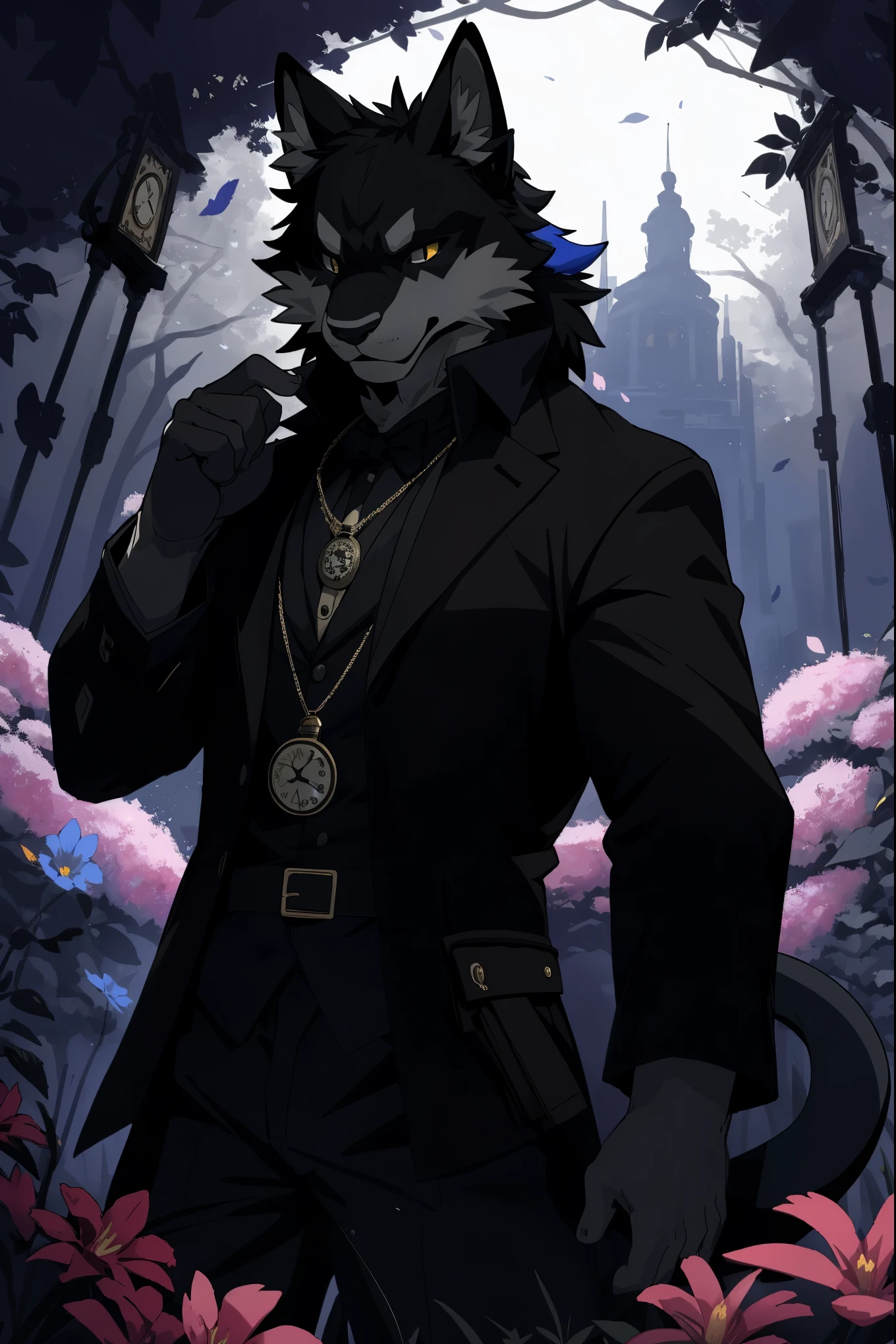 (best quality, high resolution, ultra-detailed)silhouett(kemono, furry anthro)holding striking pocket watch, surrounded by flowers, snakes and darkness, illustrative rendering, intricate details, mysterious atmosphere, vibrant colors, dynamic lighting , Gothic style,