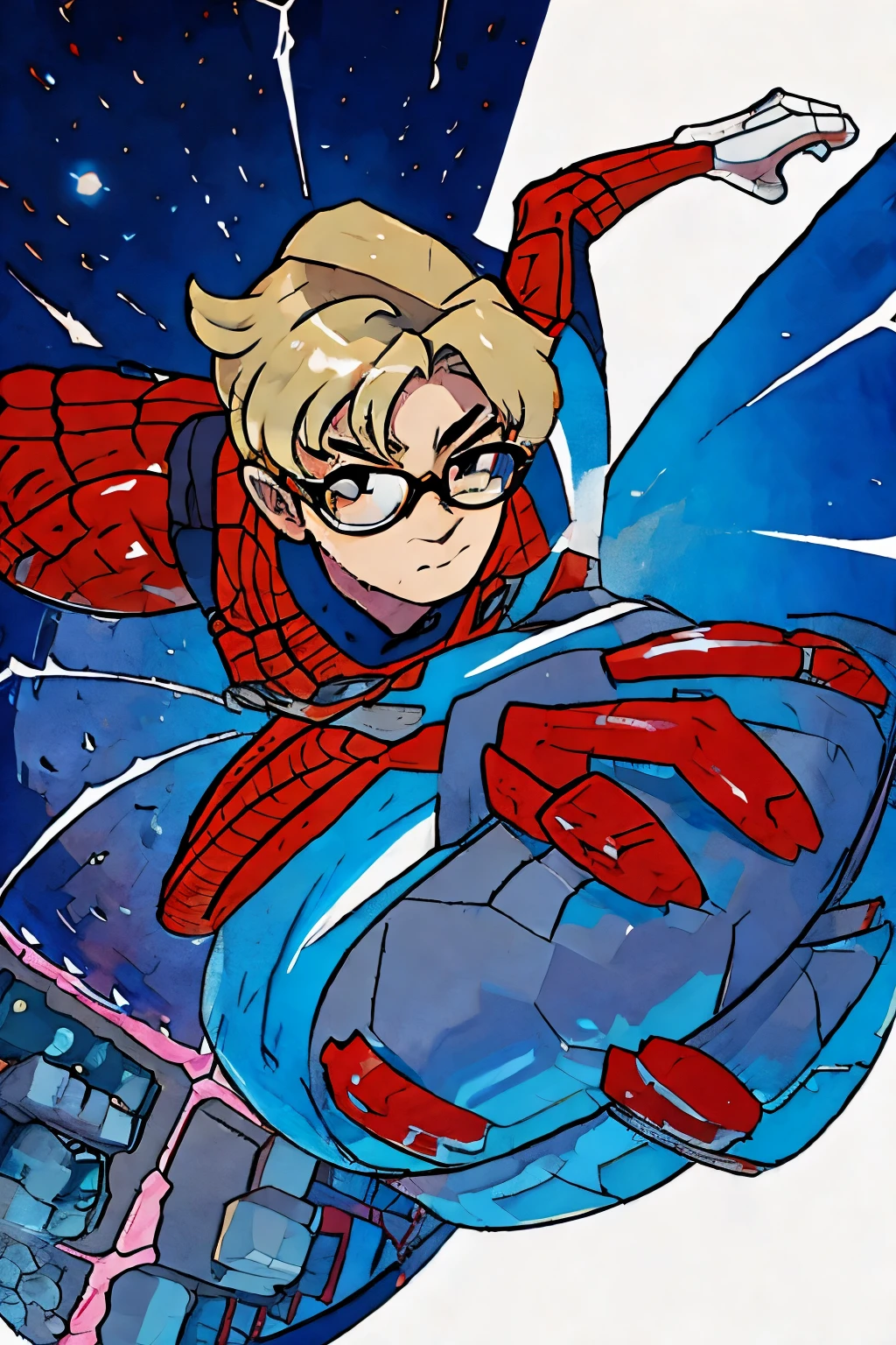 Blond spider man with glasses, cabelo curto, anime, desenho, upside down, anime, desenho, masculino, homem aranha, soltando teia, pose, building