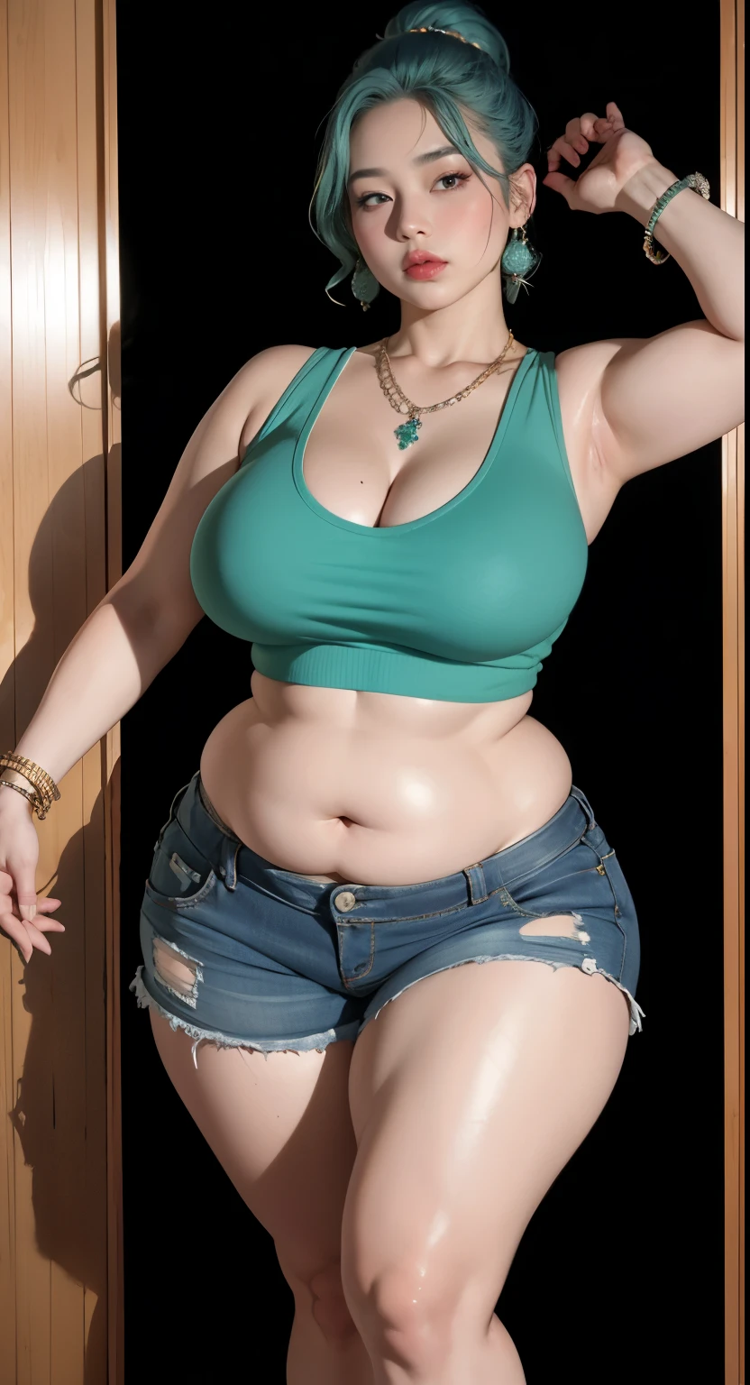 photorealistic, high resolution, soft light,1women, solo, wide hips, (detailed face),tattoo, jewelry, , , blue and green hair Color , (closeup), wide angle,, (busty), armpit , Slightly fat belly, large breasts, full body angle, 80 years old woman , thick thighs , thick arms , standing in dark rooms, short pants, wearing a three bracelet, wearing two diamond necklace , wearing a watch, wearing airmax shoes , japanese goddess, wavyshort hairstyle, fat belly, thick fat belly, thick wide hips, thick arm, bbwchan, massive arm, full body,