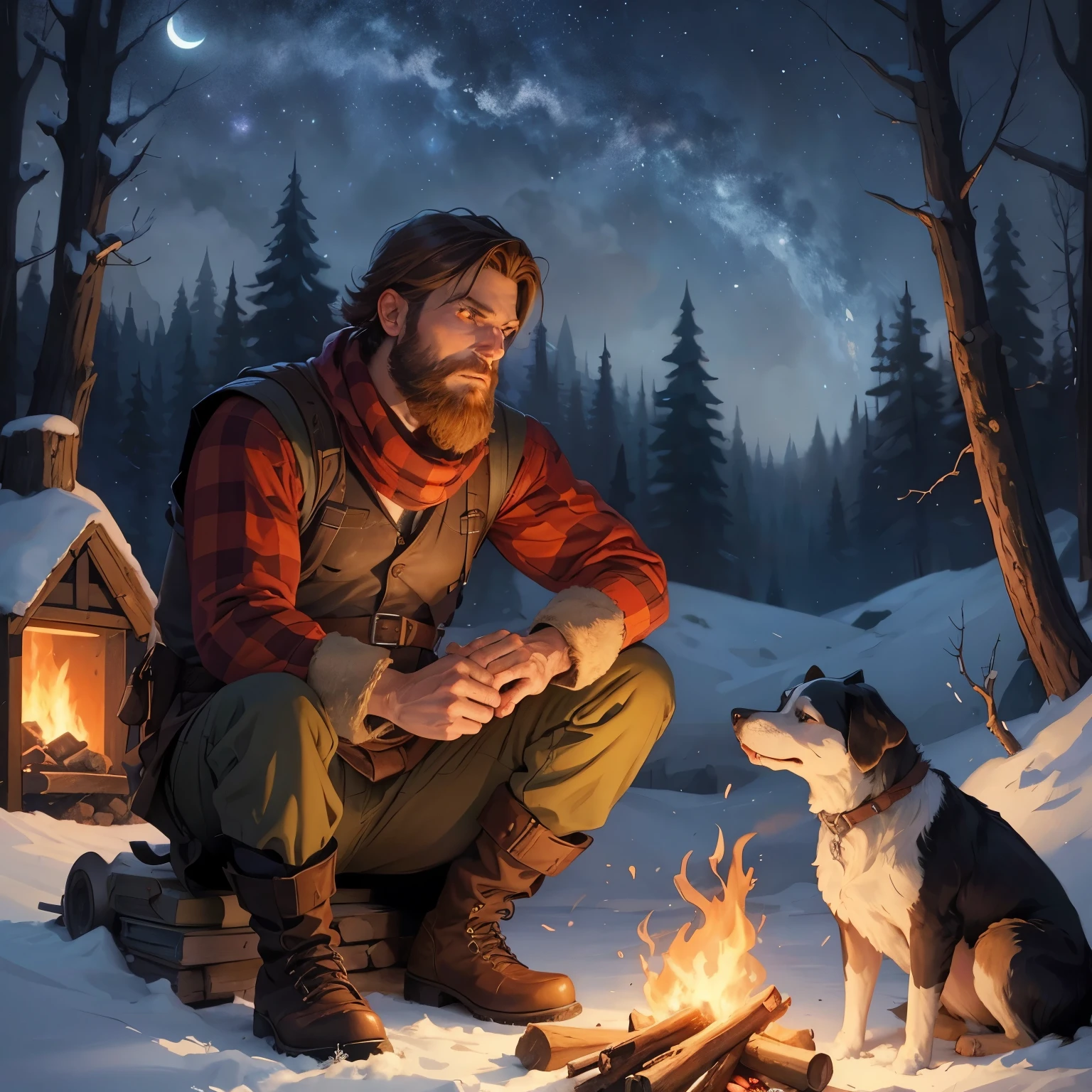 there is a man and a dog sitting by a campfire, fantasy rpg book illustration, lumberjack, rpg book portrait, winter concept art, full color illustration, roleplaying game art, epic full color illustration, inspired by Patrick Brown, cover illustration, full art illustration, game illustration, inspired by Tuomas Korpi, by Patrick Brown, cozy wallpaper