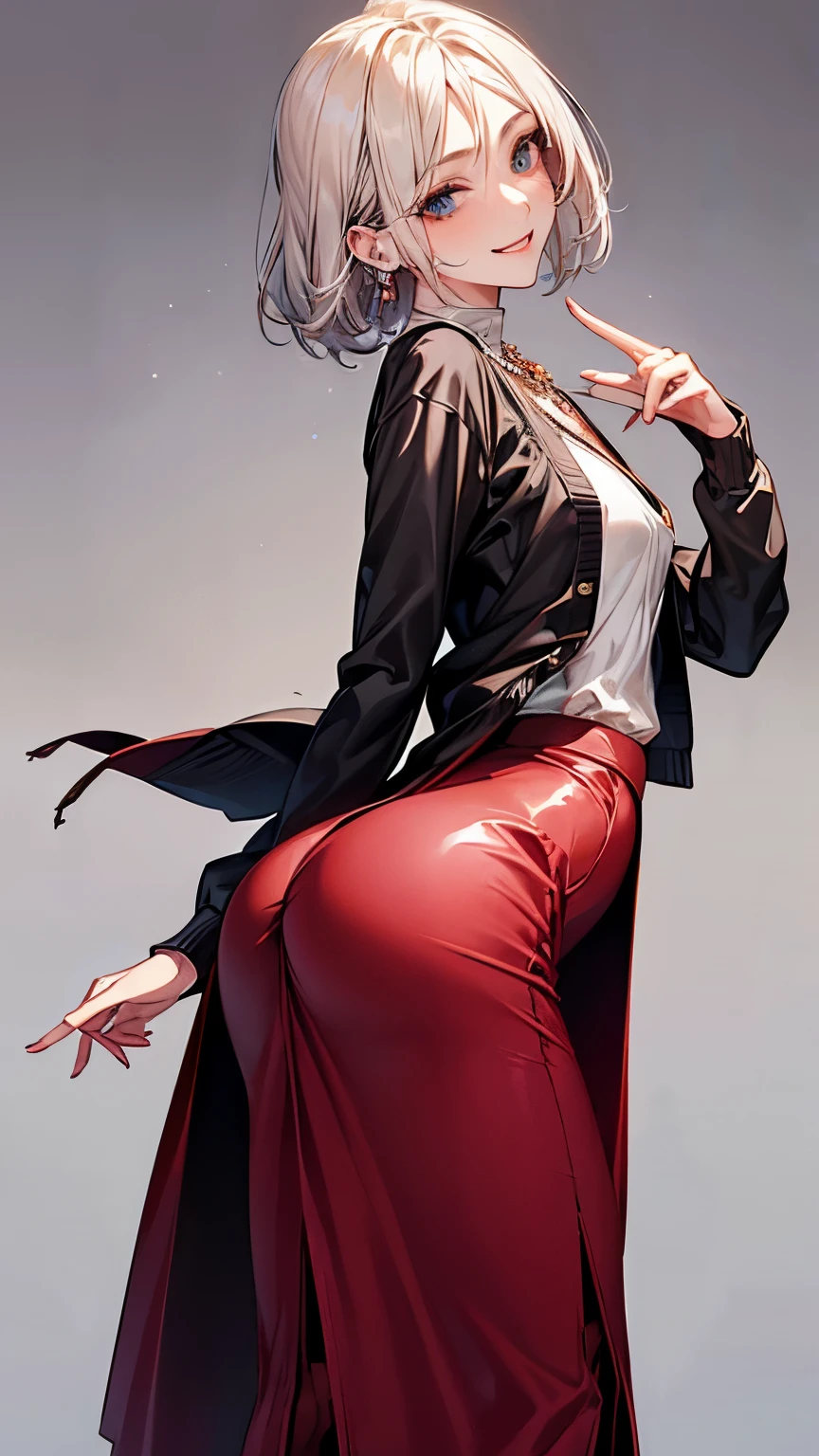 ((Biologically correct number of limbs))、(( Full body photo including face))、4K、((standing position))、masterpiece、((focus on the face))、((Symmetrical facial features))、Eyes of minute description、Beautiful woman、outstanding style、beautiful clavicle、beautiful legs、slender body、(small ass、thin thighs)、(stockings、high heels)、Detailed depiction of faces、small earrings、necklace、high angle、(upper body cardigan、shirt、((long skirt))、latex、rubber)、close up of face、lighting to the face、smile、turn one's face upward、Looking back、buckshot、