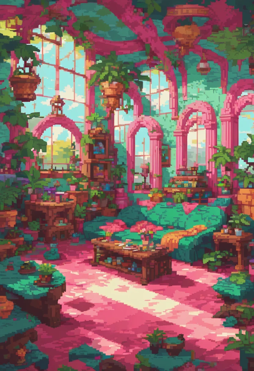 Pixel Art, Architectural digest photo of a maximalist green solar living room with lots of flowers and plants, golden light, hyperrealistic surrealism, award winning masterpiece with incredible details, epic stunning pink surrounding and round corners, big windows