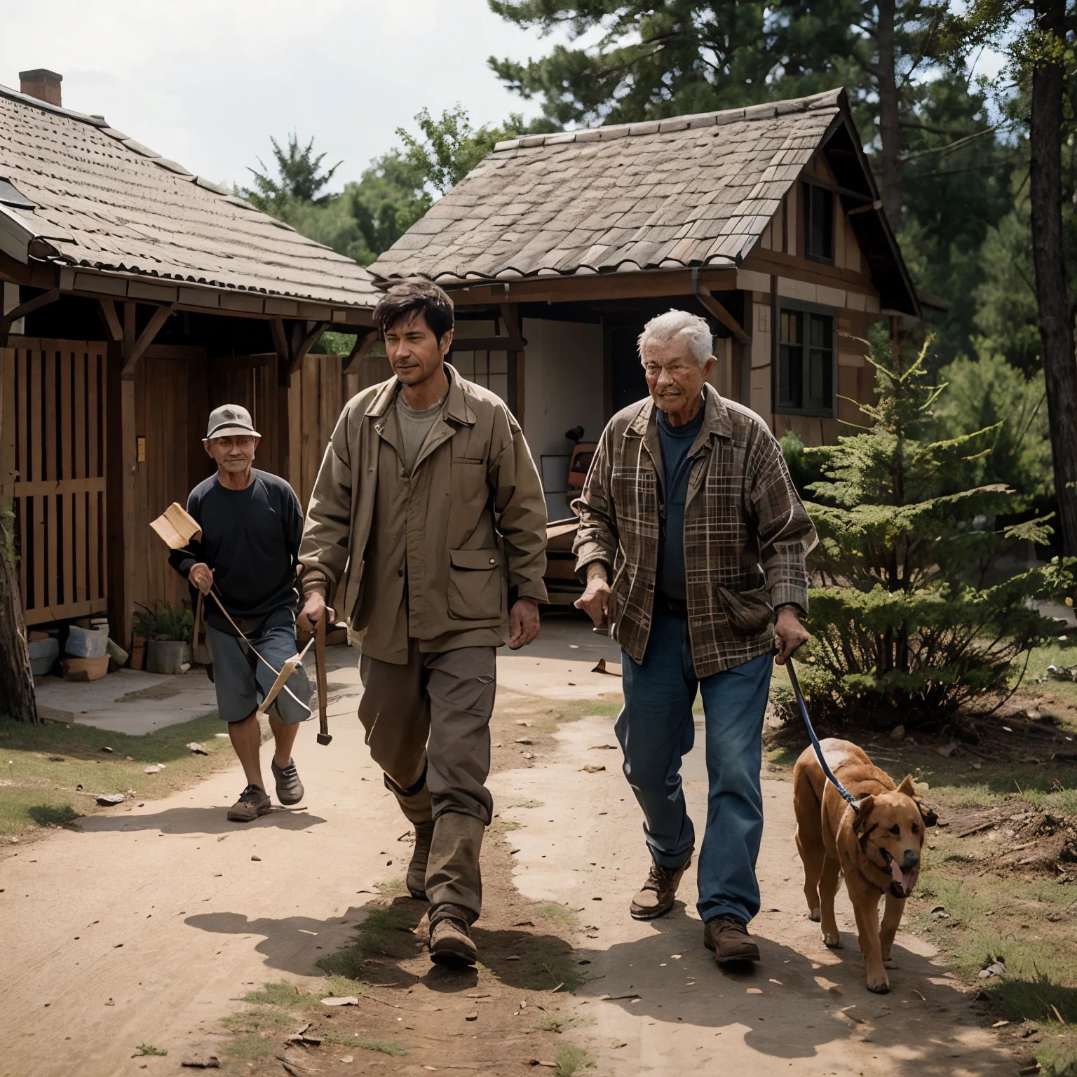 A woodcutter and his dog helping an elderly neighbor carry firewood.