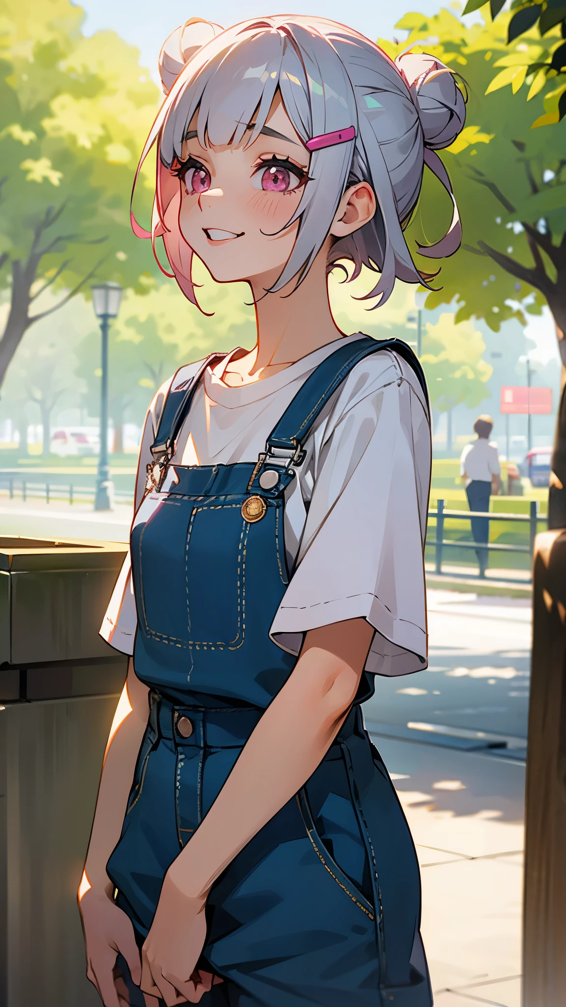 high school girl、Short silver bob hair styled into a bun with a hair clip, pink eyes、white t-shirt、 overalls、shorts、full of embarrassment、half laugh、spring street trees